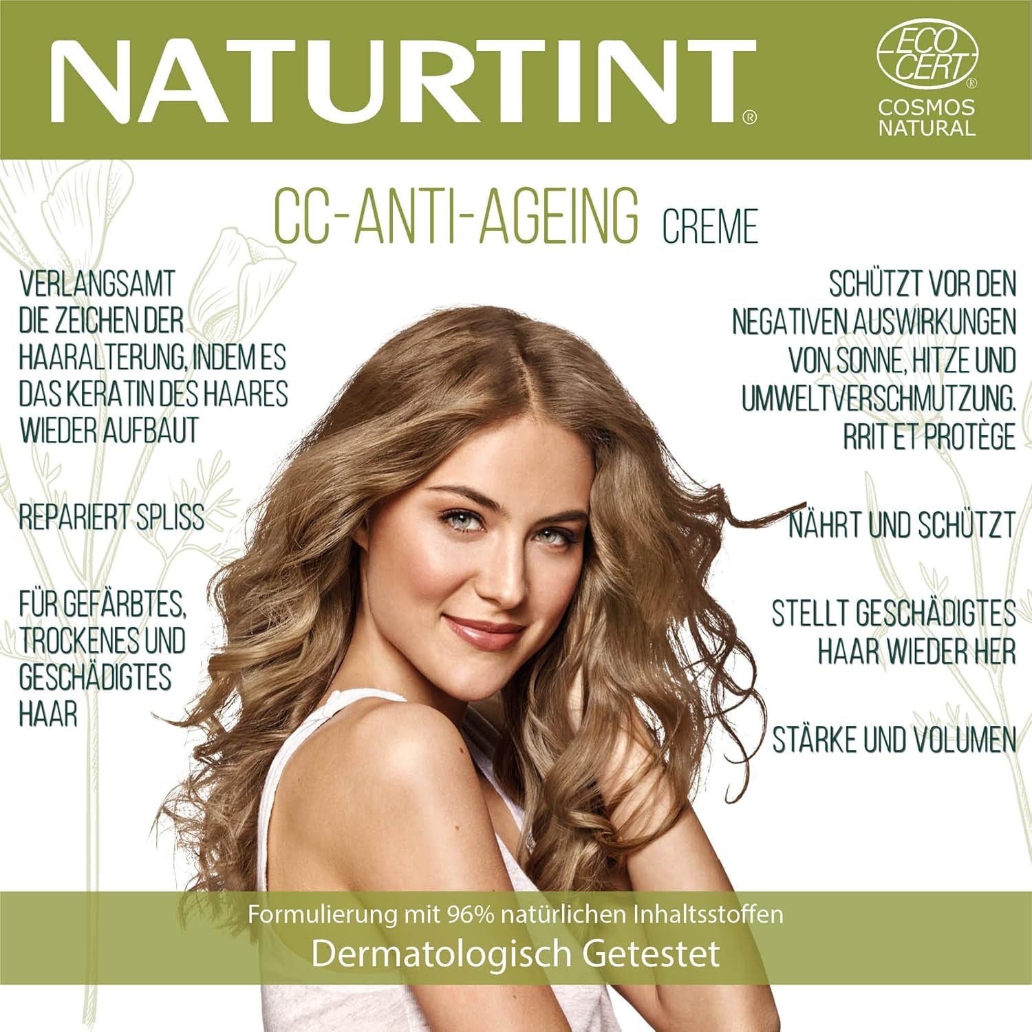 Natürliche Tönung CC-Creme. Haarmaske ohne Ausspülen. Für trockenes und strapaziertes Haar. Repariert und spendet Feuchtigkeit. 96 % natürliche Inhaltsstoffe. 200 ml Naty Shop Haarmaske