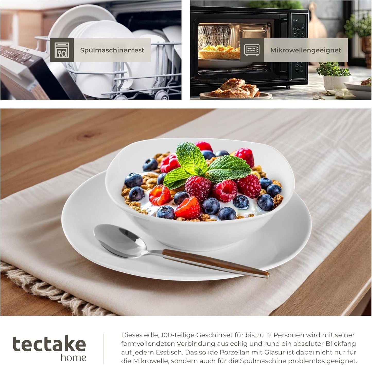tectake® 12-Personen-Geschirrset, 100-teiliges Porzellan-Geschirrset, bestehend aus 12 Tellern, 12 Desserttellern, 12 Speisetellern, 12 Tassen, 12 Müslischalen, Salatschüssel, Milchkännchen, Zuckerdose