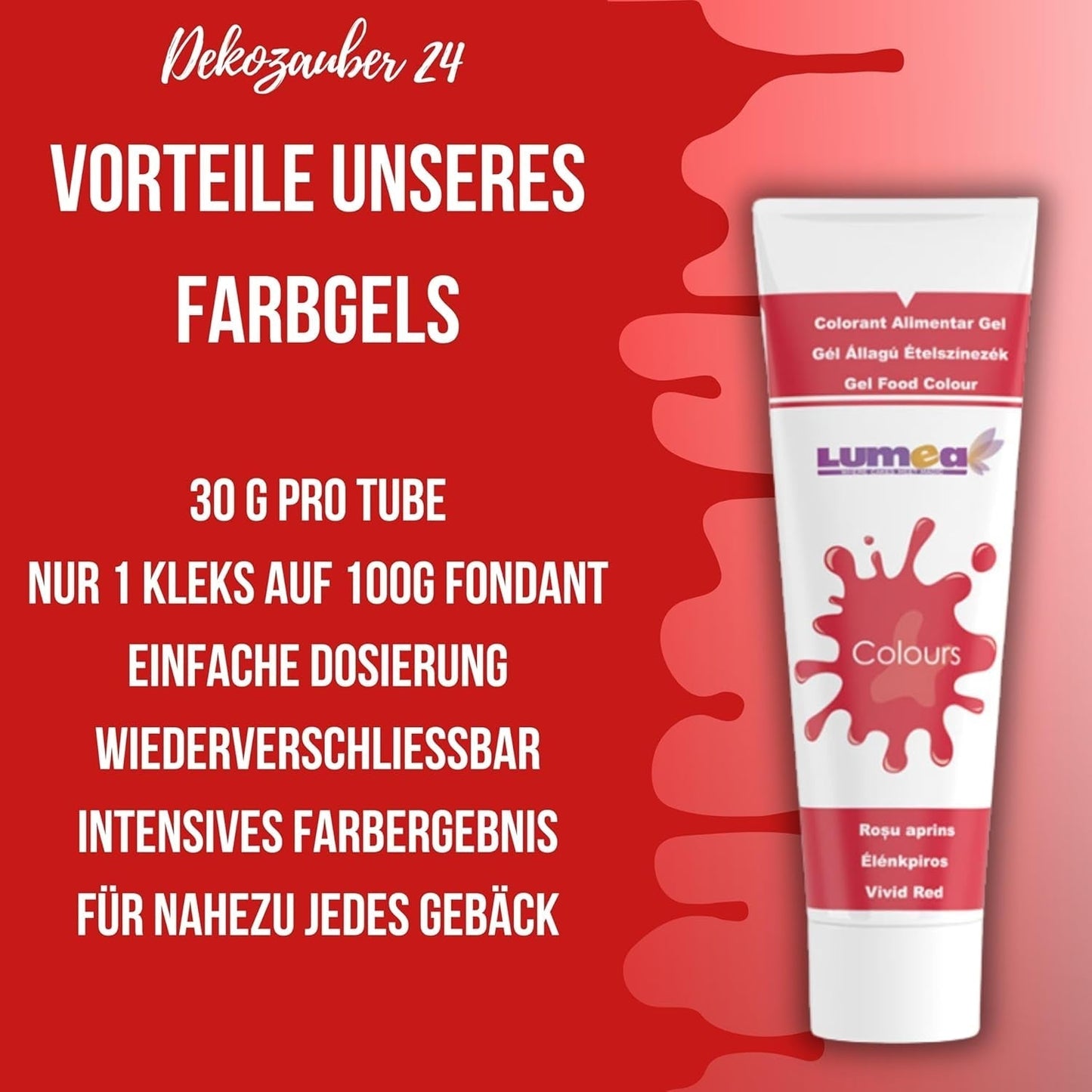 Dekozauber 24 rote Lebensmittelfarbe, Gel, 30 g, vegan, zuckerfrei, hochkonzentriert, rote Lebensmittelfarbe für Fondant, Buttercreme, Getränke und mehr
