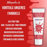 Dekozauber 24 rote Lebensmittelfarbe, Gel, 30 g, vegan, zuckerfrei, hochkonzentriert, rote Lebensmittelfarbe für Fondant, Buttercreme, Getränke und mehr