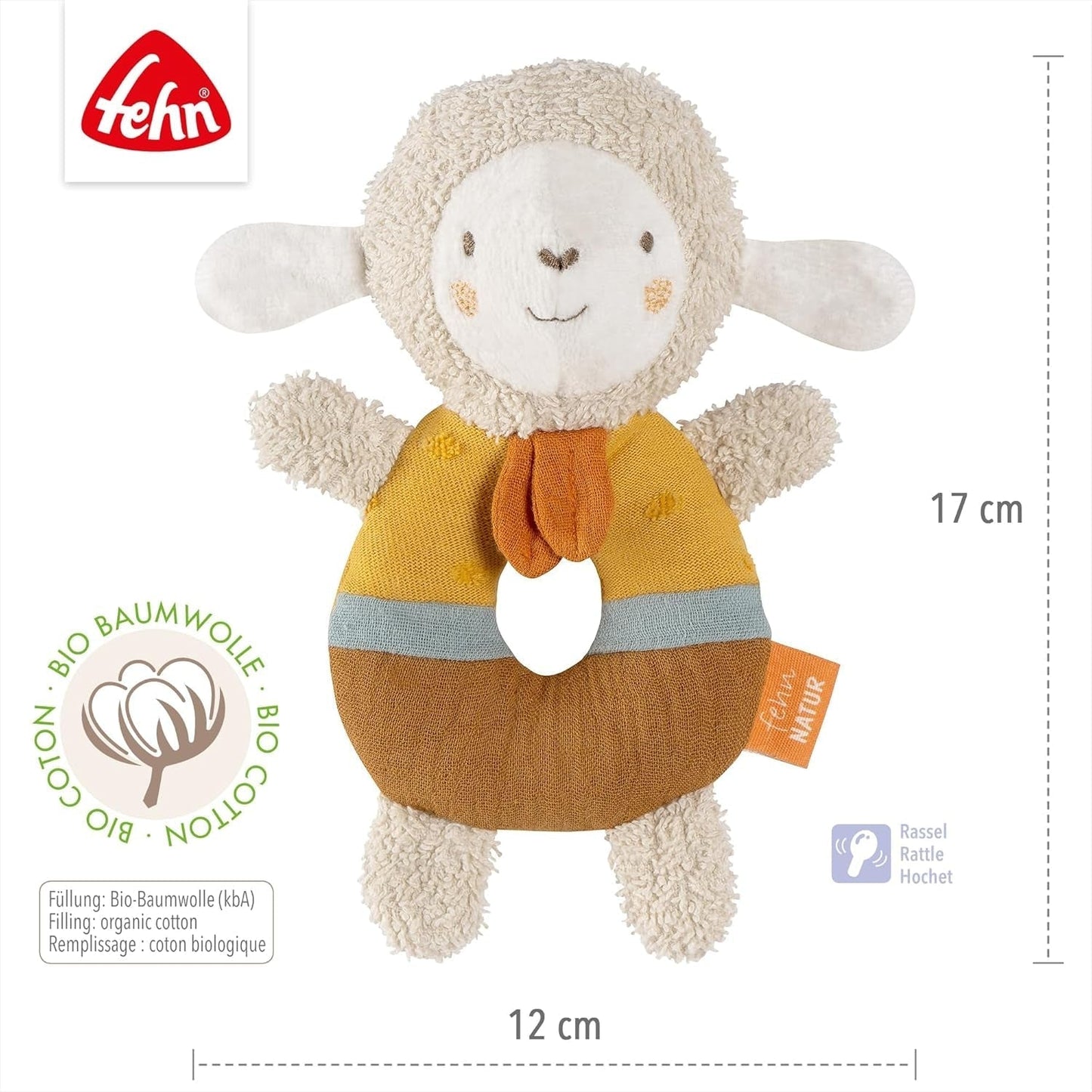 Fehn Baby Greifling Schaf Spielzeug fehnNATUR – Plüschtier mit Bio-Baumwolle – Babyspielzeug mit Glöckchen und spielerischem Lernspielzeug – Greifling für Babys und Kleinkinder ab 0+ Monaten Babyspielzeug Naty Shop