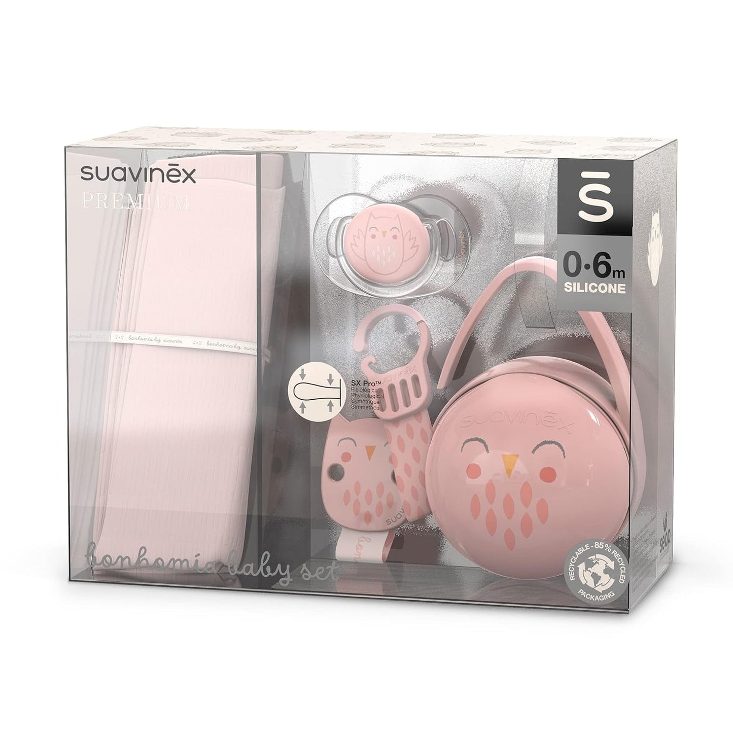 Suavinex-Geschenkset für Neugeborene. 4-teiliges Set bestehend aus: Physiologischer SX Pro-Schnuller für Babys von 0 bis 6 Monaten + Schnullerhalter + Duo-Schnullerhülle + Beißring aus Silikon. Wunderland, beige