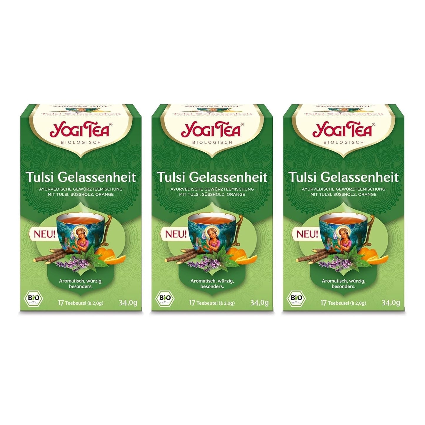 Yogi Tea – Tulsi Serenity Bio-Ayurvedischer Kräutertee, koffeinfreie Tulsi-Mischung aus der Natur, „Heiliges“ Basilikum, Lakritze und Orange, Yogi-Tee, 3er-Pack, 3 x 17 Teebeutel (51 Teebeutel)
