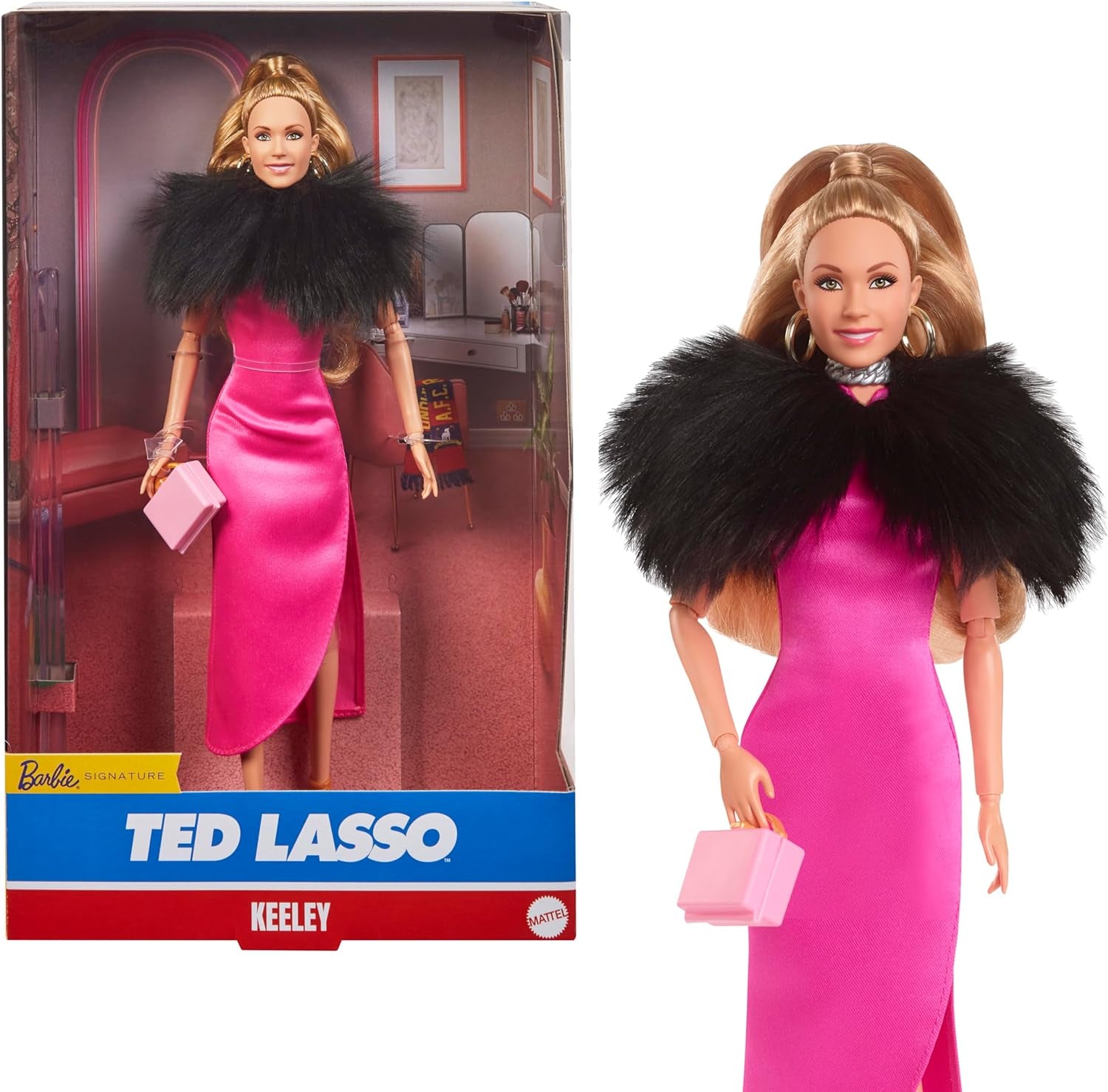 BARBIE Keeley Jones – von Ted Lasso inspirierte Sammlerpuppe, pinkfarbenes Seiden-Midikleid, goldene High Heels, schwarzer Umhang, goldene Creolen, rosa Tasche, ab 3 Jahren, HJW92