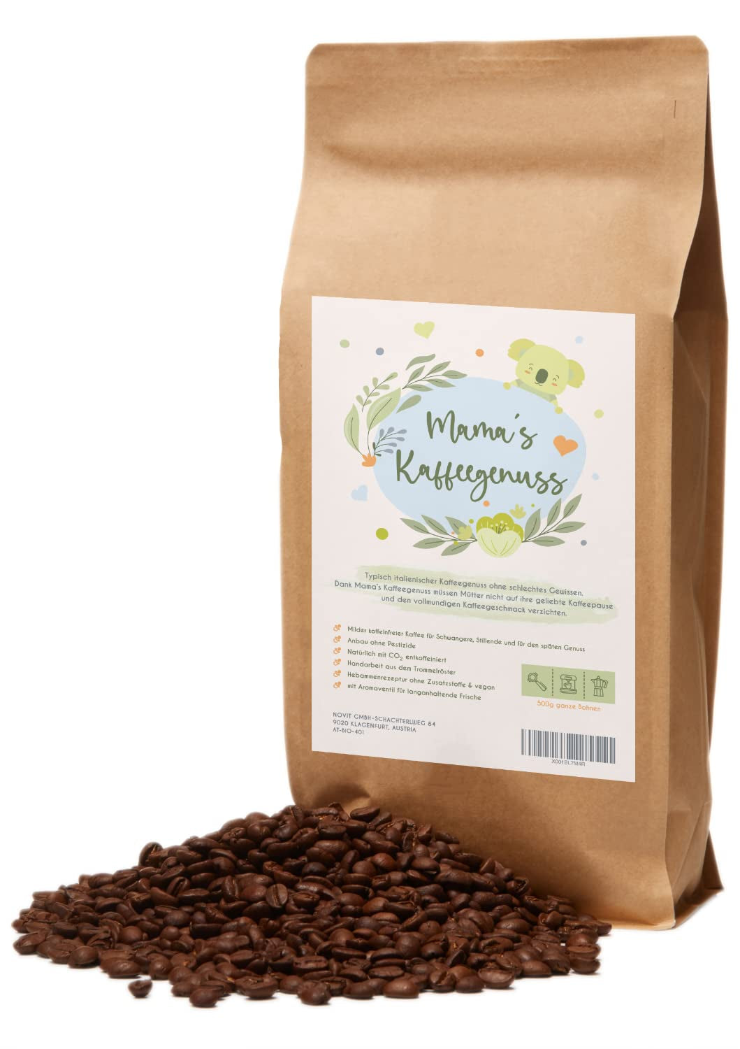 Mama's Coffee Pleasure®binky – Cremoso entkoffeinierte Espressobohnen – natürliche CO²-Entkoffeinierung – leicht trommelgeröstet in Italien – ideal während und nach der Schwangerschaft