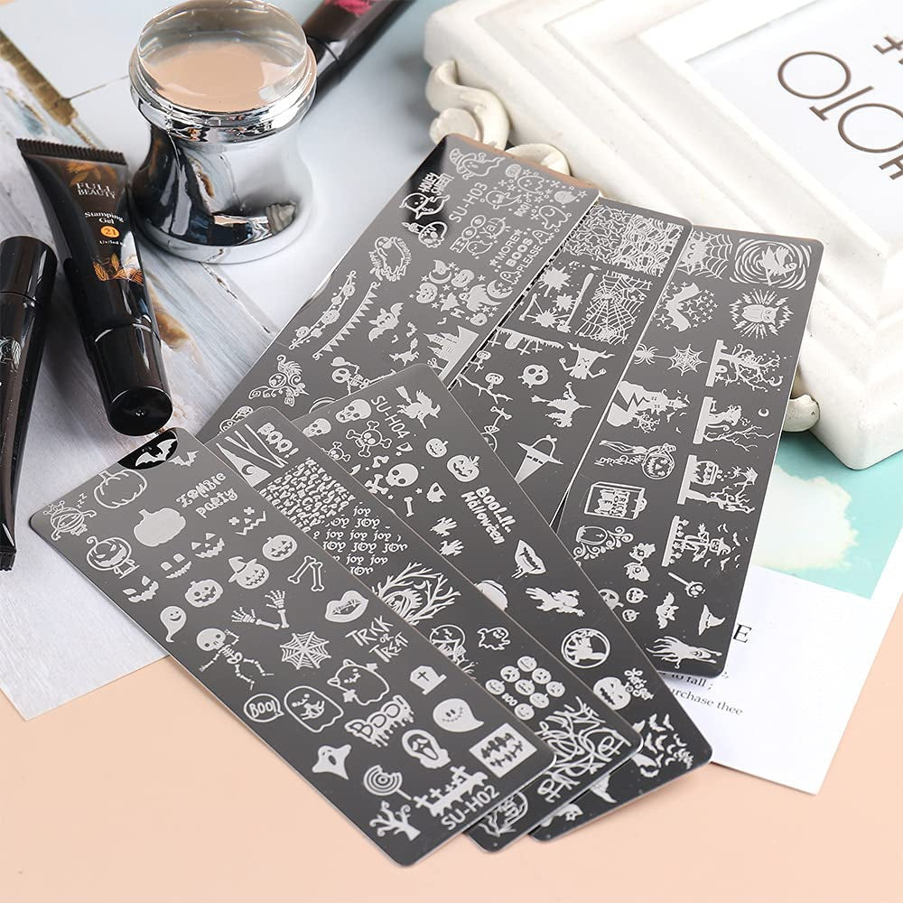 JMEOWIO Nail Stamping Schablonen Halloween 6 Stück Nagelstempel Schablonen Nail Art Dekoration Nageldesign Zubehör Böse Gruselige Kürbis-Geisterhexe
