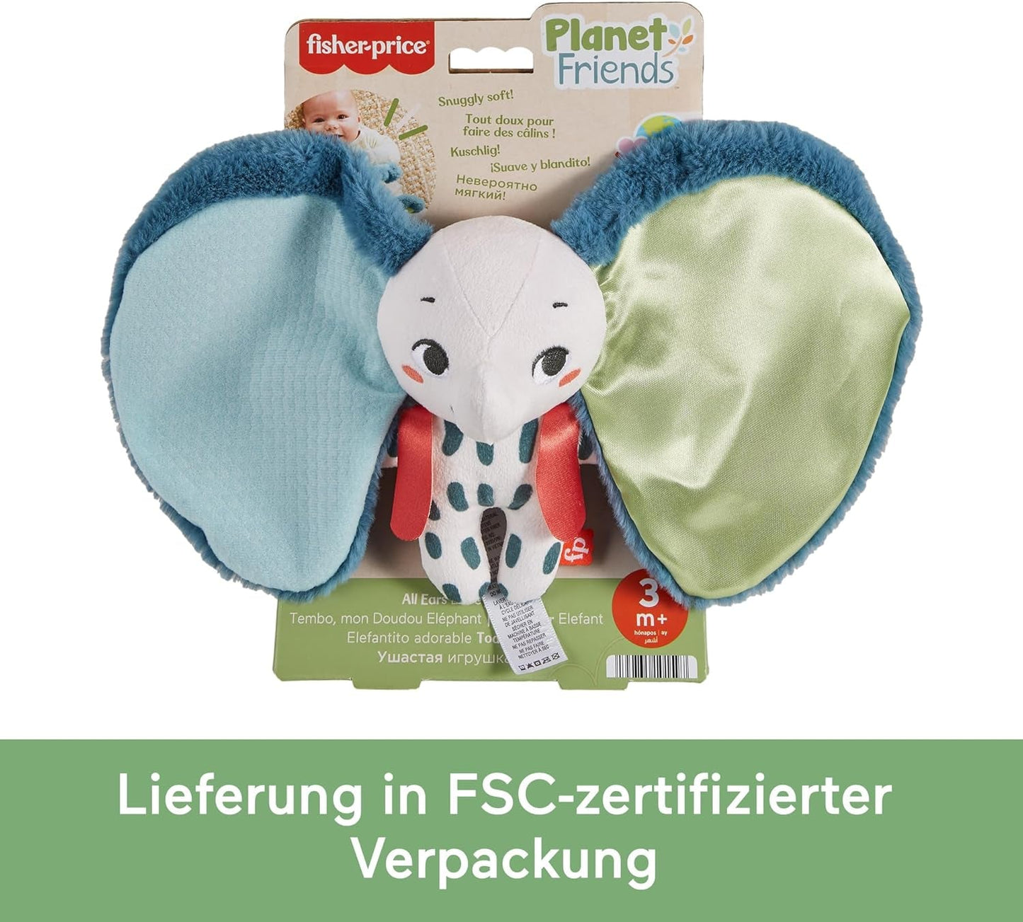 Fisher-Price Giant Ear Elephant – Entzückendes weiches Plüschtier mit extra großen Ohren, aus 90 % recyceltem Kunststoff und FSC-zertifizierter Verpackung, für Babys ab 3 Monaten, HKD63 Bebe Toys Naty Shop