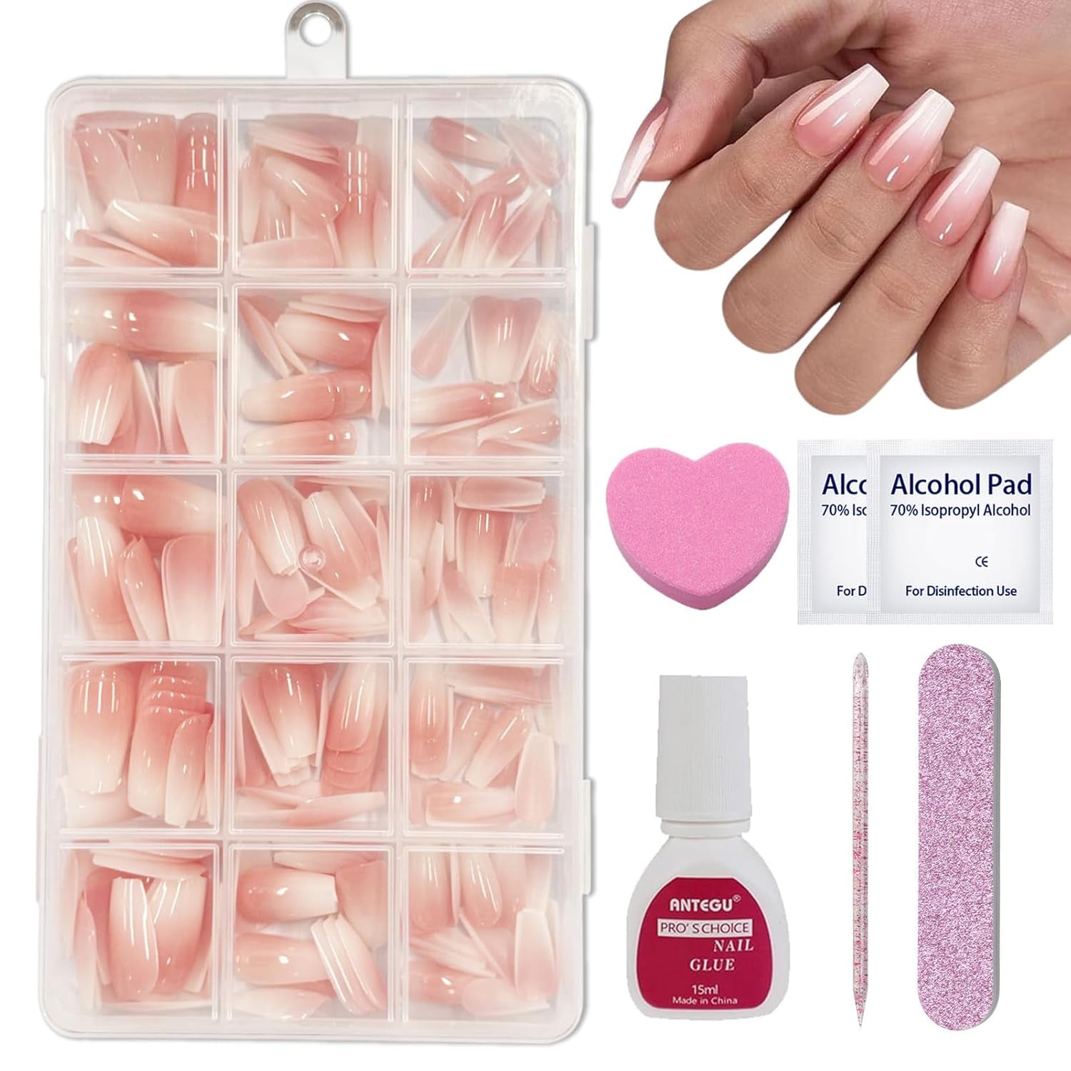 240-teiliges Set mit kurzen Kunstnägeln – kurze natürliche künstliche Nägel zum Aufkleben – künstliche Nägel mit Nude-Farbverlauf für Box-Nagelverlängerungen (Nude-Farbverlauf)