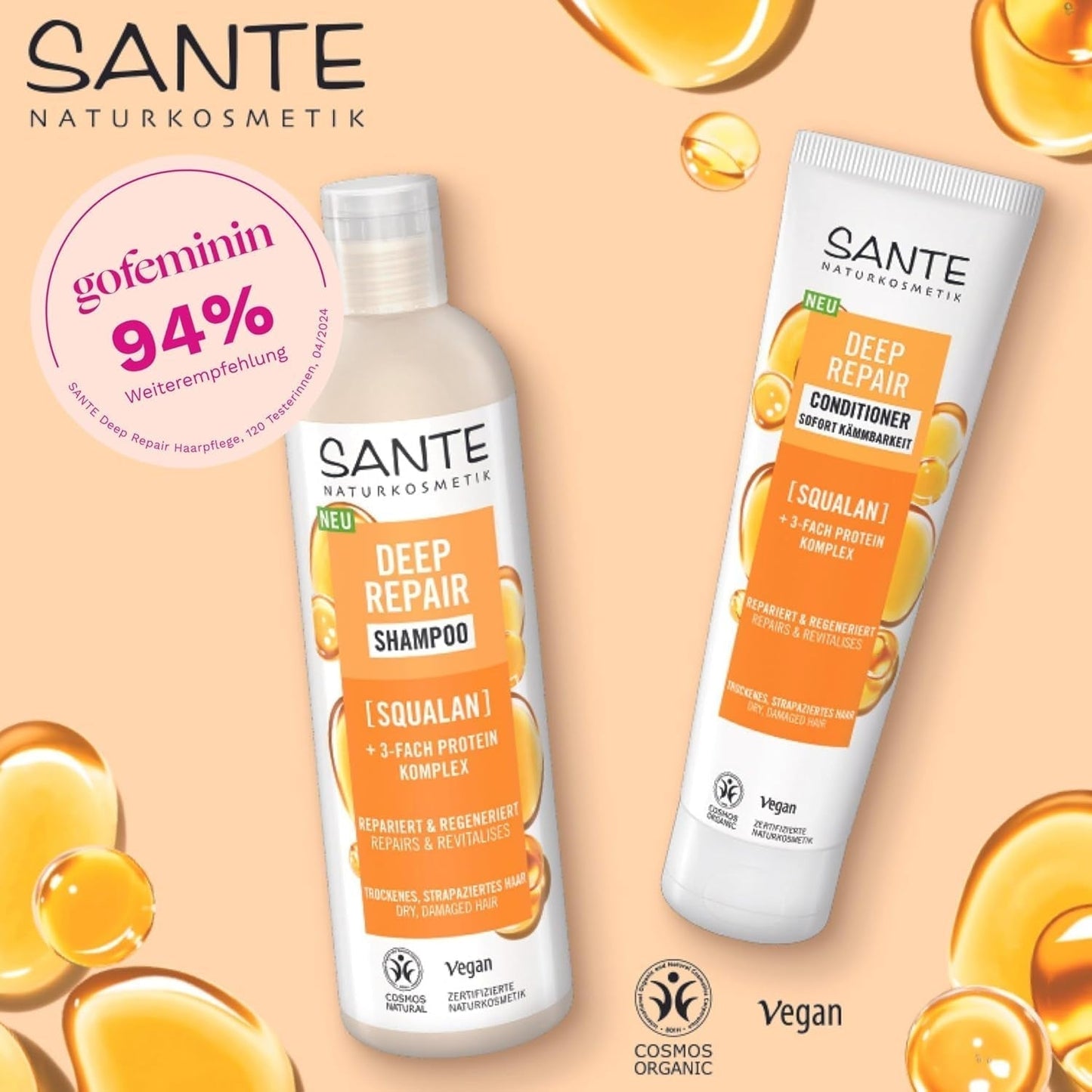 SANTE Natural Cosmetics Deep Repair Mask Squalan + 3x Proteinkomplex, vegane Haarmaske für intensive Feuchtigkeit und flexibles Haar, repariert und regeneriert geschädigtes Haar, 150 ml Naty Shop Haarmaske