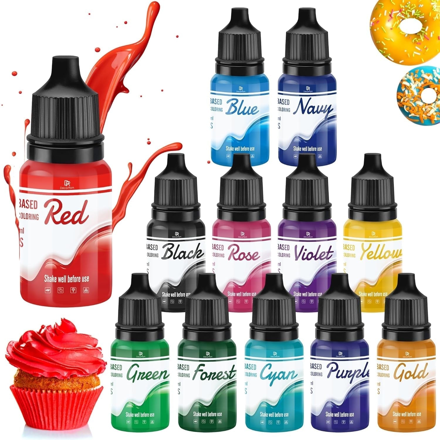 Fettlösliche Schokoladen-Lebensmittelfarbe – 12 Farben, ölbasierte Lebensmittelfarbe für Fondant, Kuchendekoration, Backen – flüssige Lebensmittelfarbe für Kakaobutter, Buttercreme, Kuchen – je 10 ml