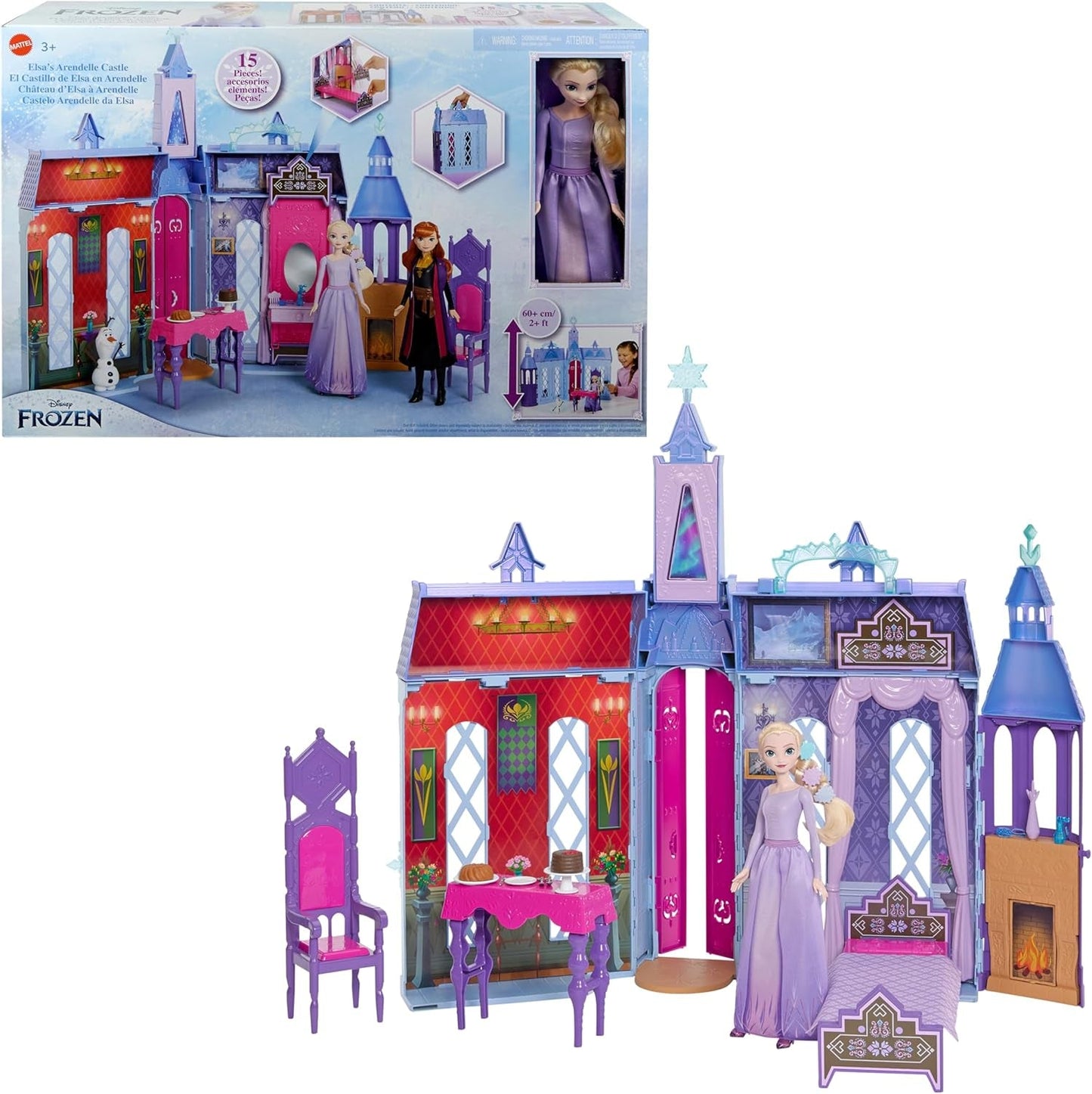 Mattel Disney Frozen – Castle Arendelle Puppenhaus (60 cm+) mit Elsa-Puppe, 4 Spielplätzen und 15 Stück Disney Frozen II Möbeln und Zubehör, HLW61