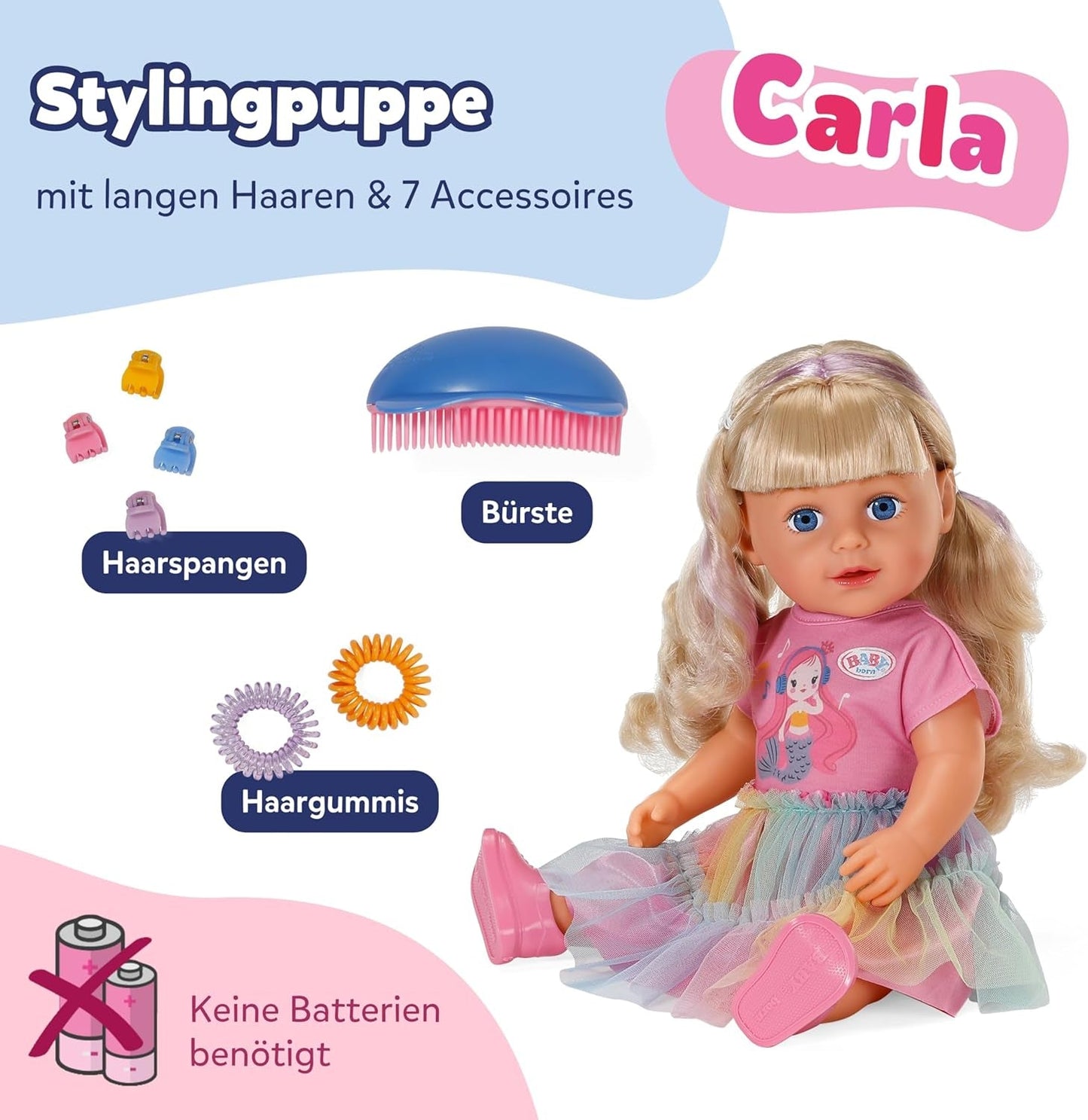 BABY born Carla – 43 cm große Puppe – hochwertiges blondes Haar mit Strähnen – keine Batterien erforderlich – geeignet für Kinder ab 4 Jahren – inklusive 7 Zubehörteilen, rosa