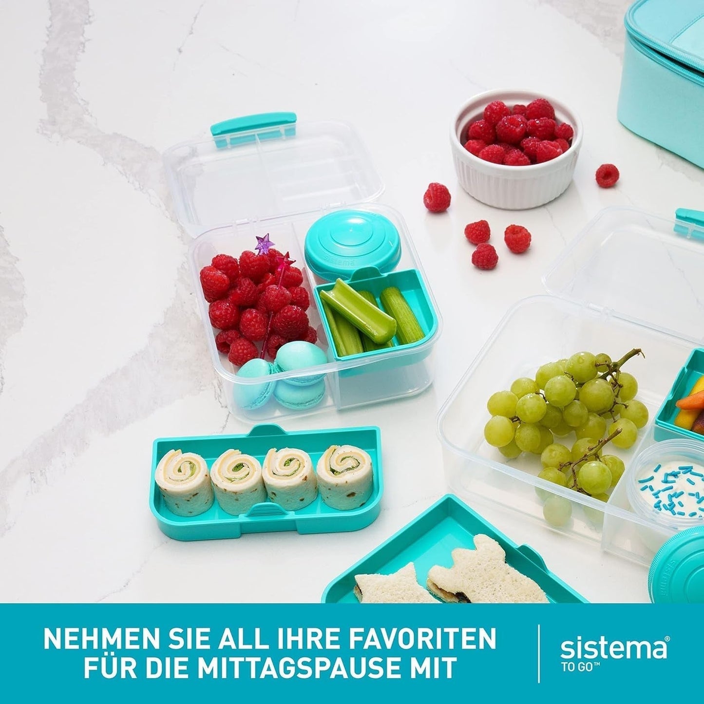 Bento Box TO GO Lunchbox-System mit Fächern | 1,25 L Lunchbox mit Joghurt-/Obstbehälter | für Kinder und Erwachsene l | BPA-freies Minty Teal [21685-8T], mintgrüne Frischhaltedosen von Naty Shop