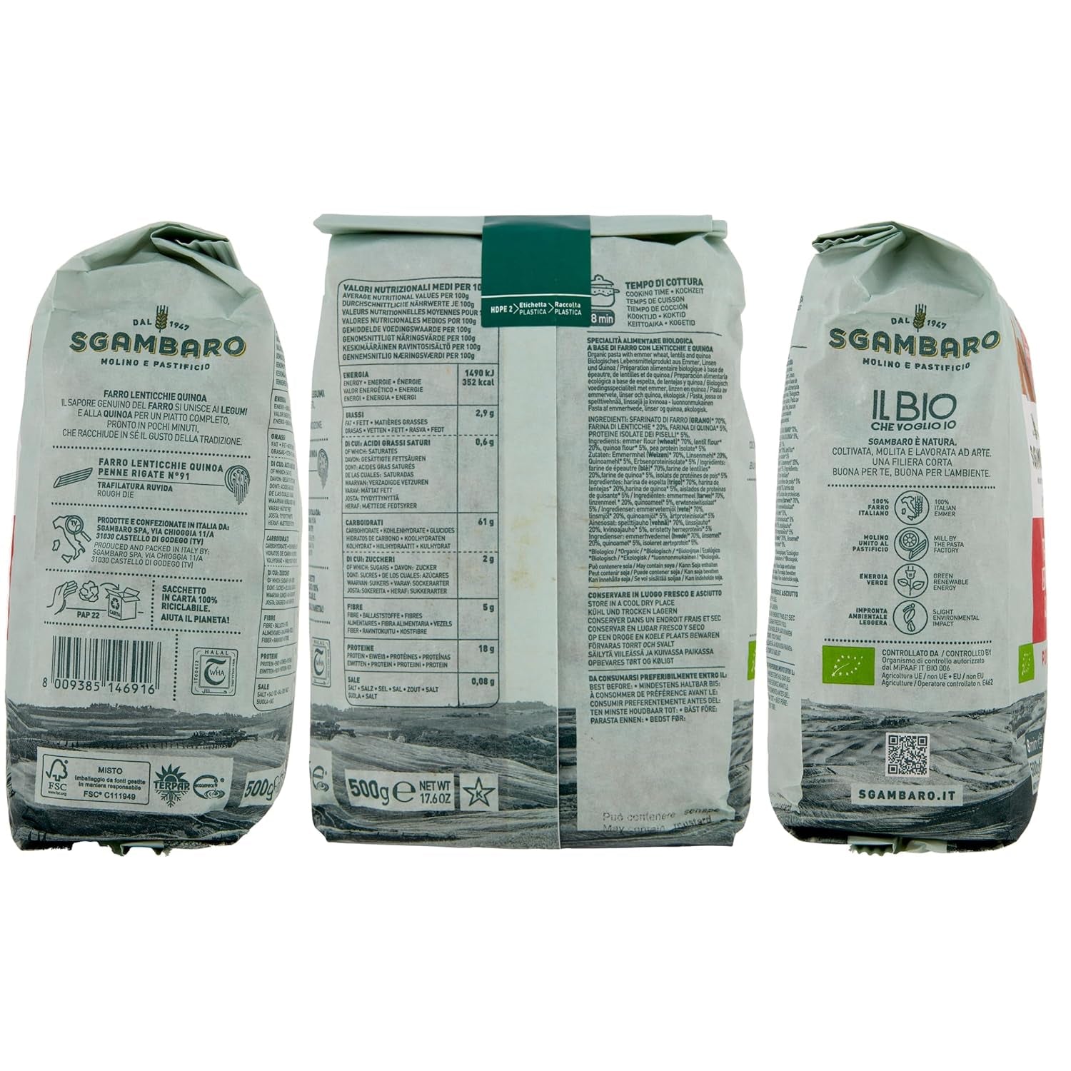 Bio-Penne-Rigate-Nudeln N.91 – 500 g mit Dinkelmehl, Linsenmehl und Quinoa-Mehl – ​​reich an Proteinen, Ballaststoff- und Proteinquelle