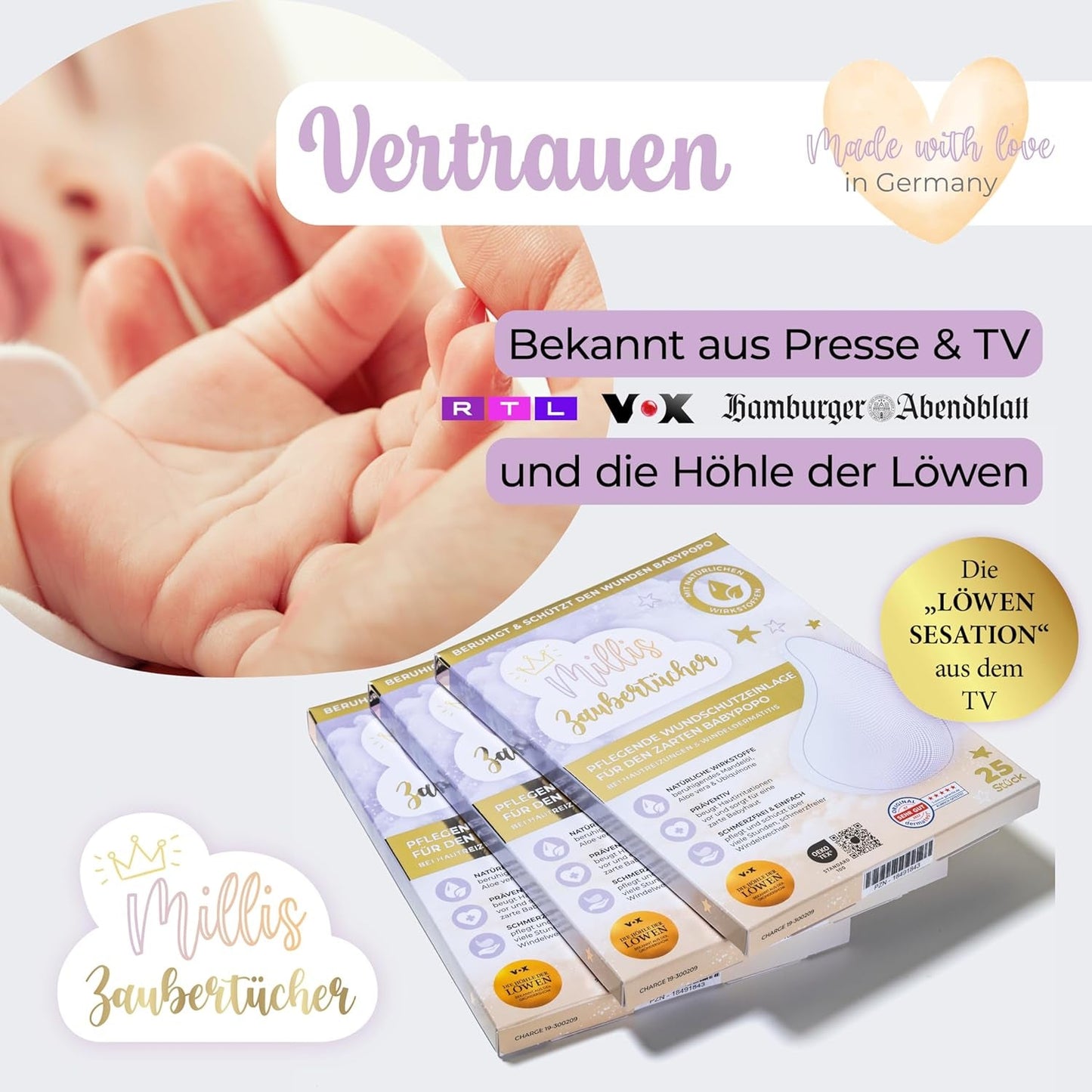 Millis Zaubertücher bei Windeldermatitis Baby, bekannt aus „Die Höhle der Löwen“, 25 Tücher (1 x 25er) mit Aloe Vera, Mandelöl & Q10 – Pflegt, schützt & dient als Wundschutz bei gereizter Haut