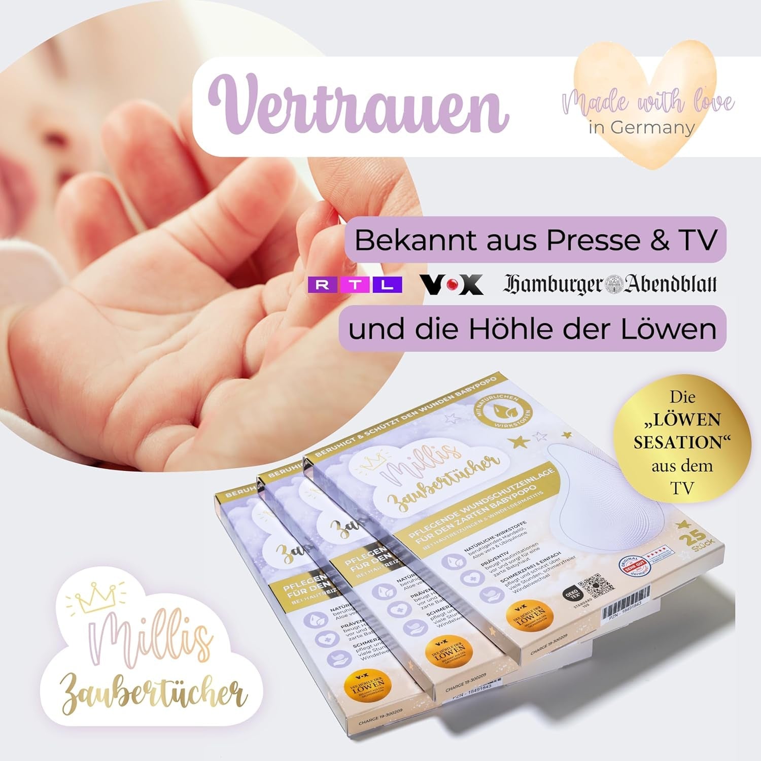 Millis Zaubertücher bei Windeldermatitis Baby, bekannt aus „Die Höhle der Löwen“, 25 Tücher (1 x 25er) mit Aloe Vera, Mandelöl & Q10 – Pflegt, schützt & dient als Wundschutz bei gereizter Haut