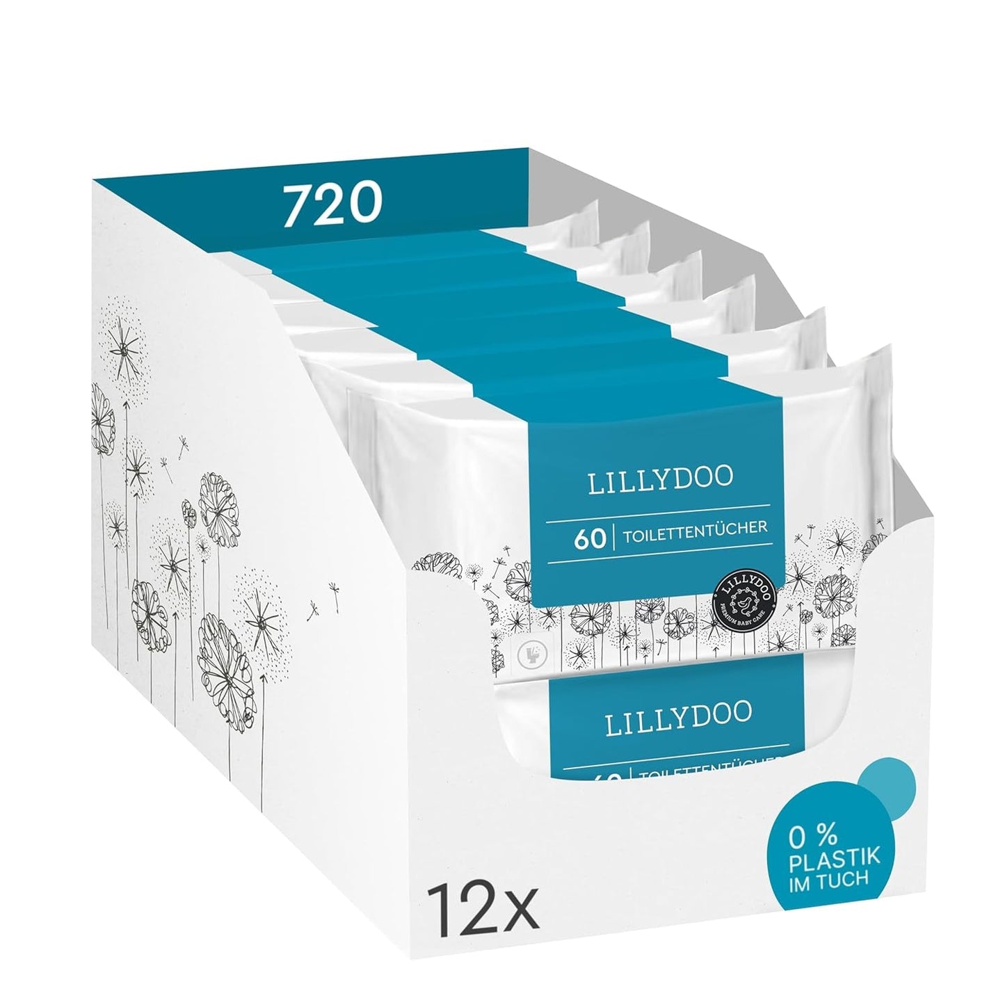 LILLYDOO Toiletten-Feuchttücher, 720 Stück (12 x 60), 100 % plastikfreie, spülbare Tücher, parfümfrei