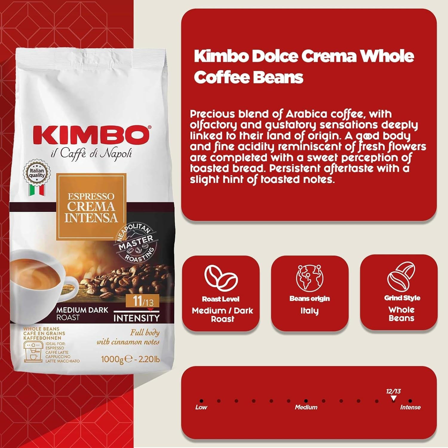 Espresso Crema Intesa, 6 Kaffeebohnen x 1 kg, vollmundige und intensive Mischung, Intensität 11/13, mittlere Röstung, 6 Packungen à 1 kg