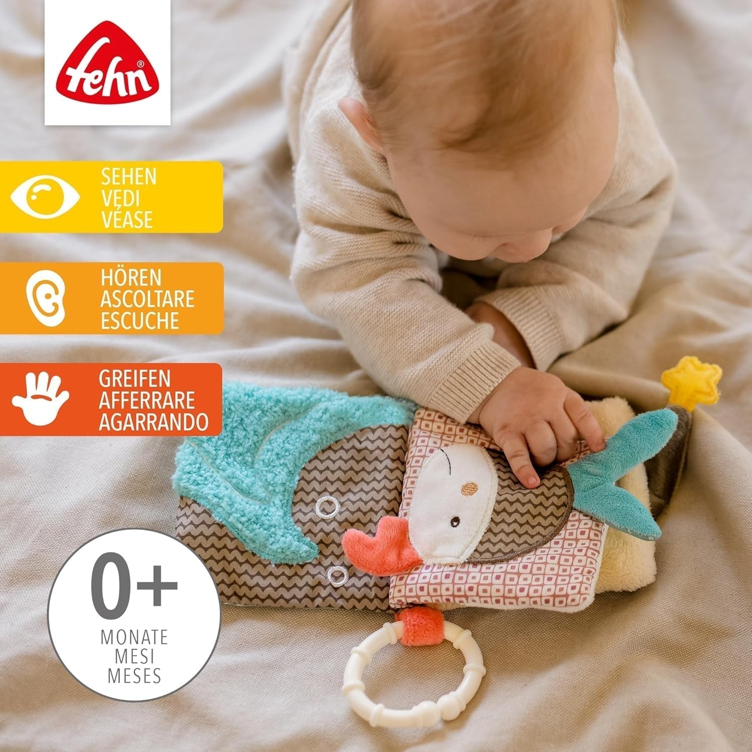 Fehn Soft-Bilderbuch Bruno – Softbuch für Babys aus Stoff mit Tiermotiven – Spielzeugbuch aus Stoff zum Aufhängen für Kinderwagen und Autositze – Buch mit Böllern für Babys und Kinder ab 0+ Monaten Babyspielzeug Naty Shop
