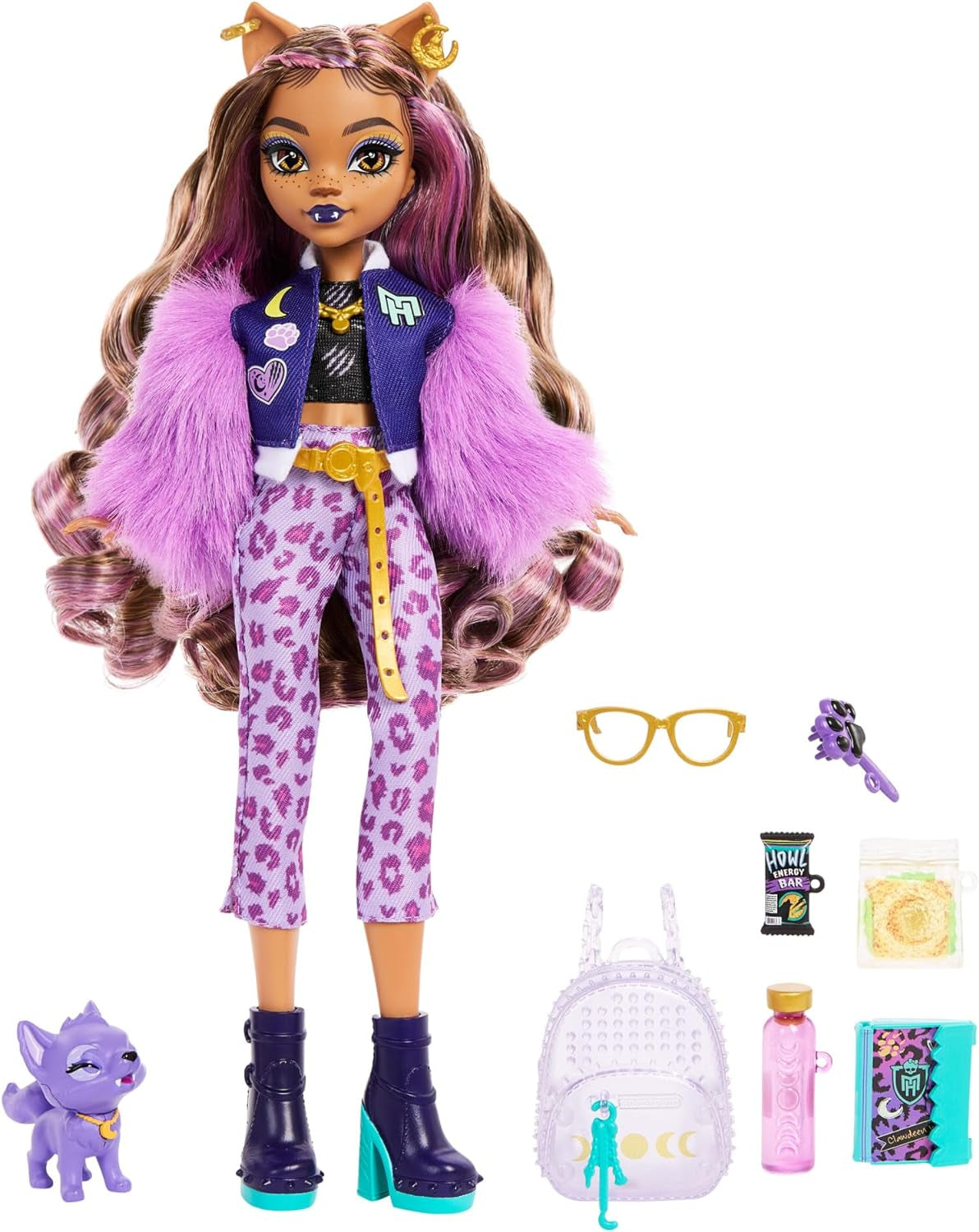 Monster High Clawdeen Wolf Puppe mit Welpen-Halbmond und Zubehör wie Schultasche, Kalender, Snacks und mehr, HRP65