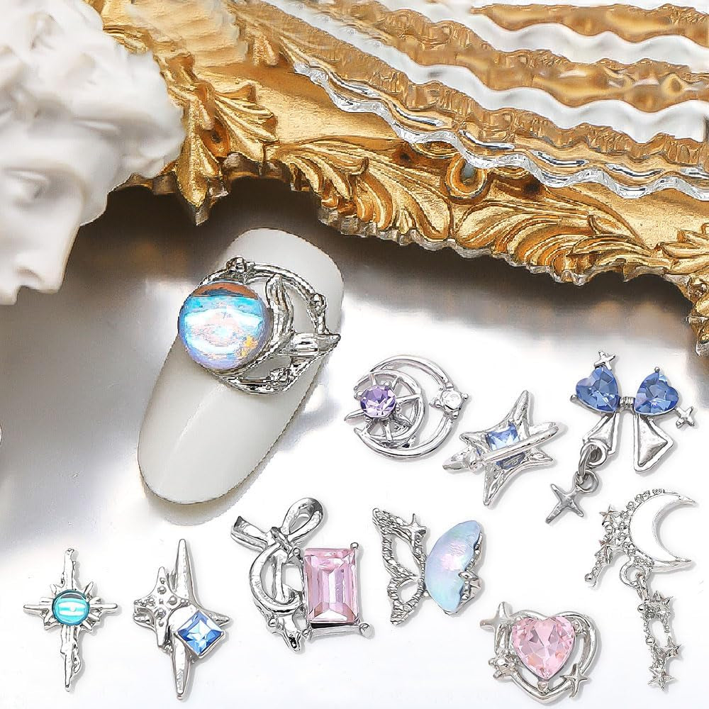 16 Stile Luxus Mond Stern Nagel Charms 3D Nail Charms Y2K Legierung Strasssteine ​​​​Bogen Schmetterling Nagel Schmuck Metall Nail Art Charms Nägel Glitzersteine ​​​​Nailart Rhinestones Nageldesign Zubehör
