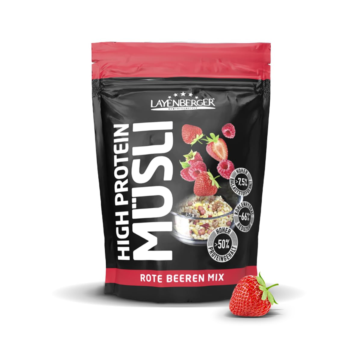 Layenberger 3K High Protein Müsli, 50% Eiweiß und 18% Kohlenhydrate - Einzelpackung (1X 390 G) - Schoko-Nuss Cereale Naty Shop 360 G (1Er Pack) Rote Beeren Mix