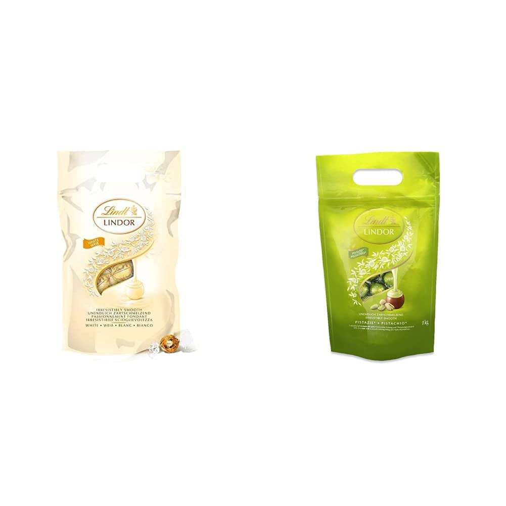 LINDOR weiße Schokoladenkugeln, 1 kg und LINDOR | 1 kg wiederverschließbarer Beutel | ca. 80 Vollmilchschokoladenkugeln mit Minzfüllung | Großpackung, Pralinengeschenk, Schokoladengeschenk