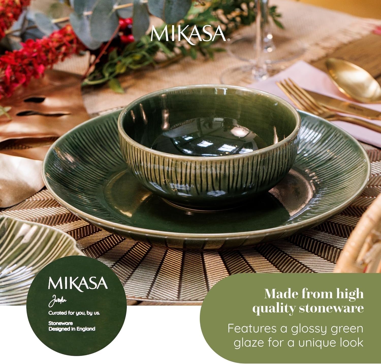 Mikasa Jardin 12-teiliges Geschirrset, Steinzeug-Geschirrset für 4 Personen mit Tellern, Beilagentellern und Schüsseln, grün – Geschenkbox und spülmaschinenfest