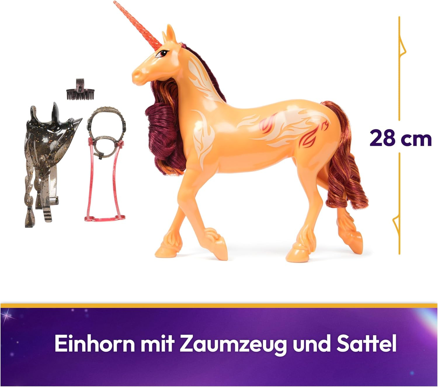 Unicorn Academy Cinder das Einhorn – 28 cm großes, originales Valentina-Einhorn aus der Netflix-Serie, mit echter Mähne und Schweif, abnehmbarem Zaumzeug, Sattel und Bürste, für Kinder ab 4 Jahren
