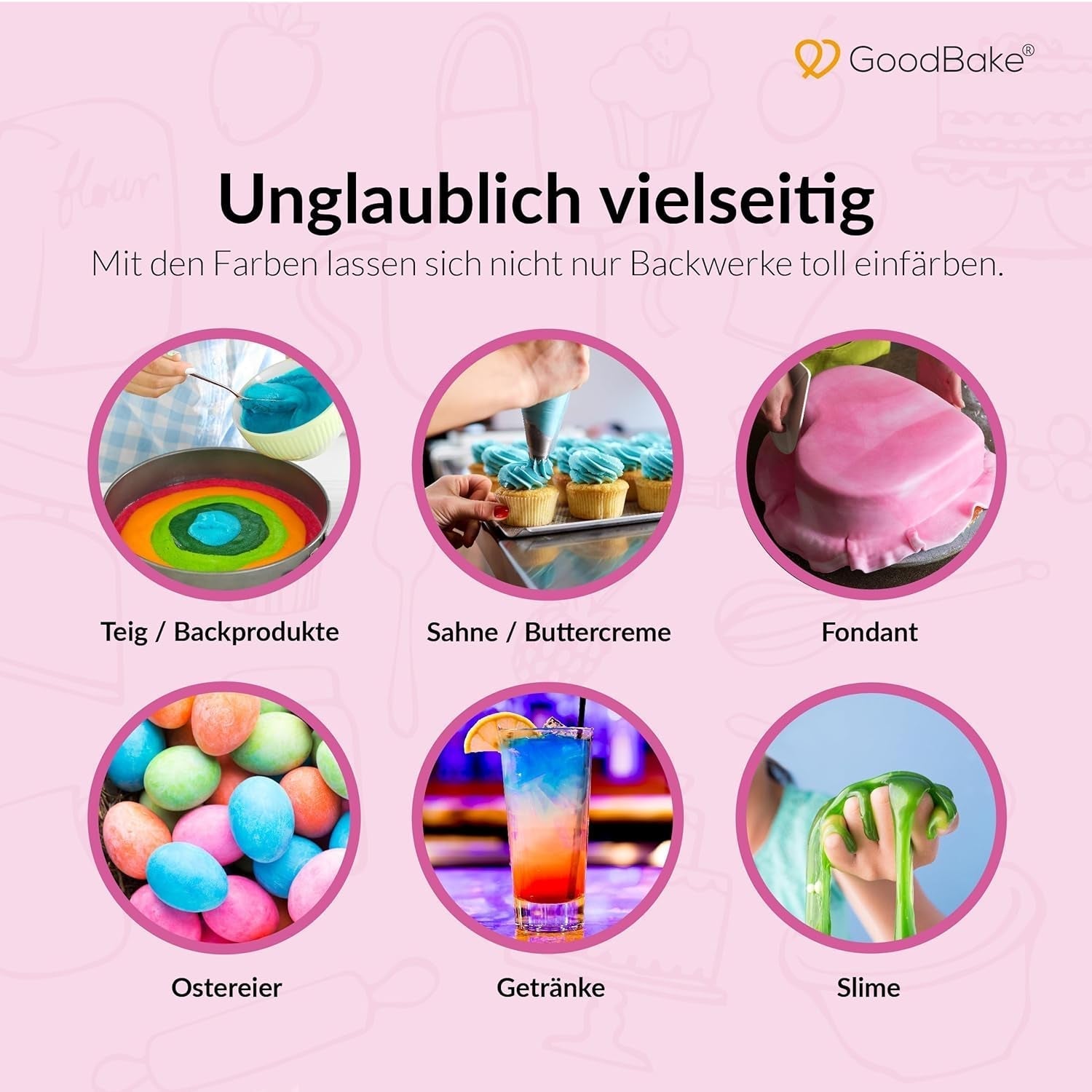 Pinke Lebensmittelfarbe von Goodbake (11 ml) – Intensive Lebensmittelfarbe – Sehr konzentrierte Farbe – Zum Färben von Kuchen, Fondant, Buttercreme, Getränken, Schleim und vielen anderen Gegenständen. 100 % vegan