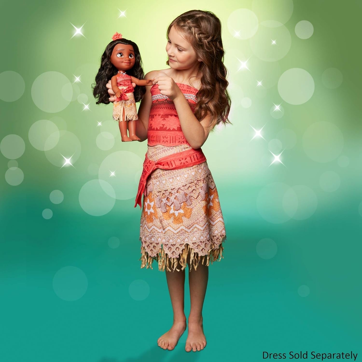 Disney Princess Moana, 35 cm große Puppe, reflektierende Glitzeraugen, bewegliche Gelenke, abnehmbares Outfit, Blumenclip, langes Haar, für Mädchen ab 3 Jahren