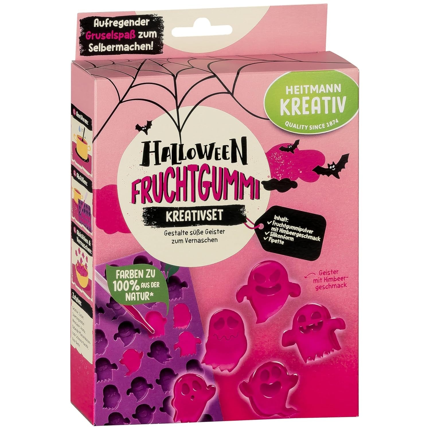 HEITMANN KREATIV – Kreatives Halloween-Fruchtkaugummi-Set – Pulverfarben auf Pflanzenbasis – Rosa – DIY-Fruchtkaugummis in Geisterform mit Himbeergeschmack