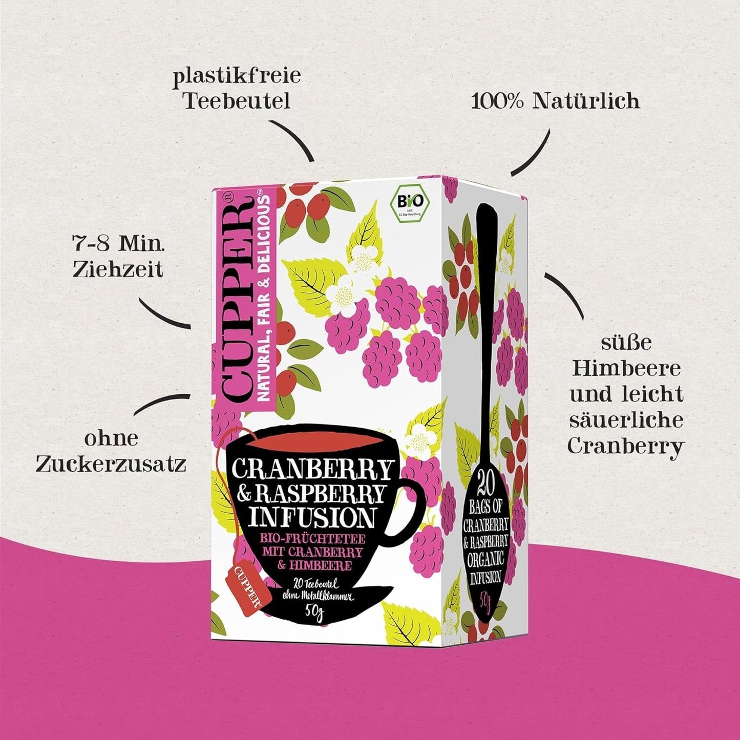 4Er Pack CUPPER Bio-Früchtetee „Cranberry & Raspberry Infusion“, 4X20 nicht-weiße Teebeutel, Bio, Fair Trade
