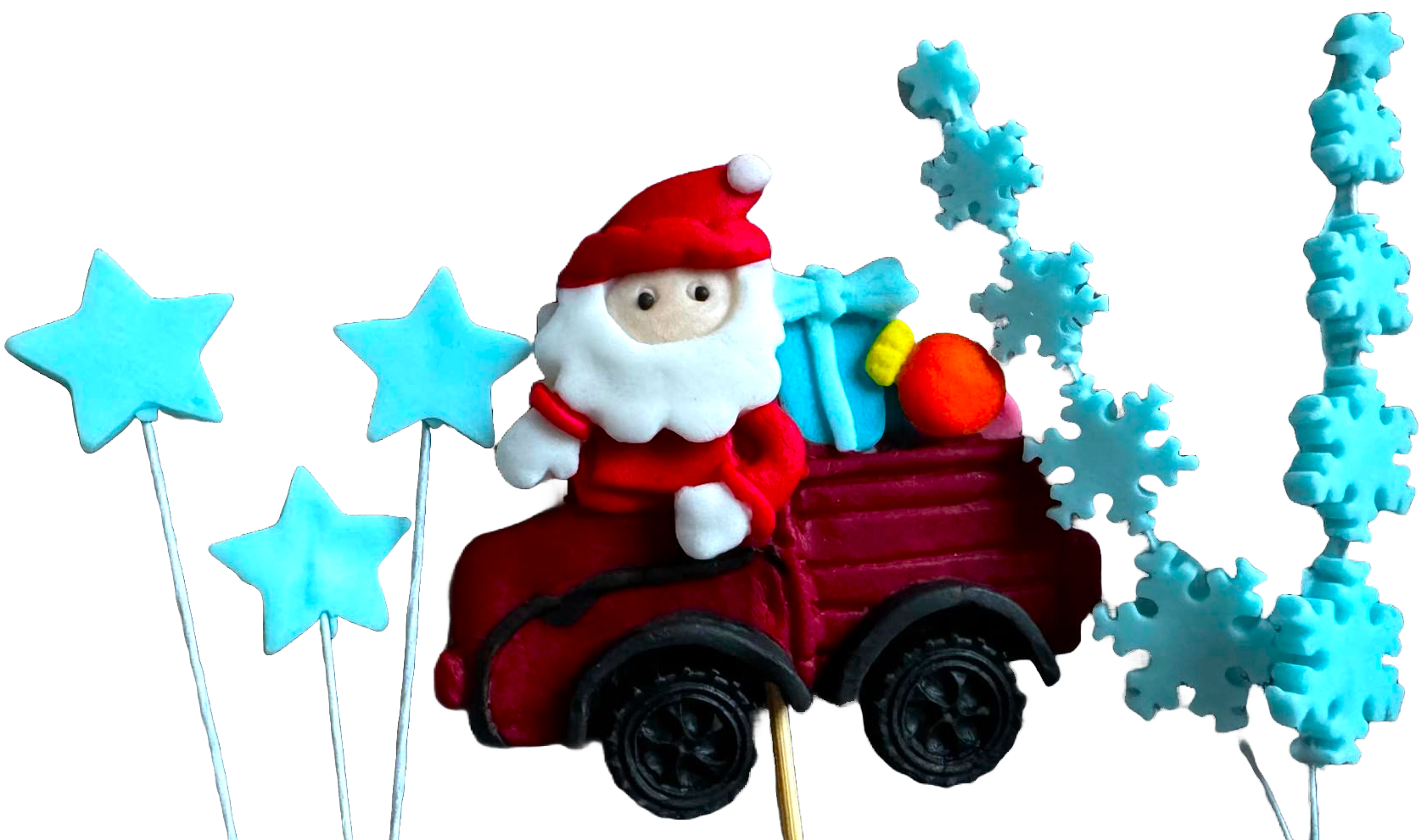 Set mit 6 essbaren Dekorationen aus Zuckerpaste, Weihnachten, Weihnachtsmannauto, Sternen und Schneeflocken. Dekorationen aus Zuckerpaste Naty Shop
