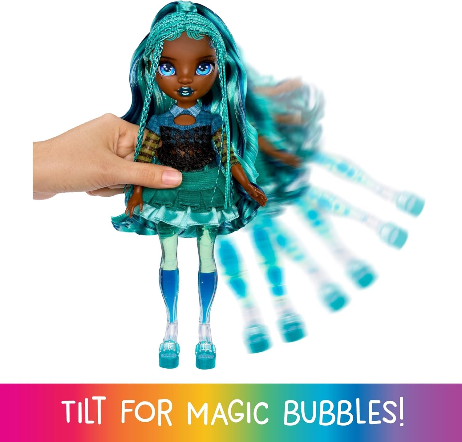 Rainbow High Sparkle & Shine Puppe – Misty – 28 cm große, modische Puppe mit türkisfarbenem Haar und magischen Blasen, stehend, buntes Anziehen und Spielen, Sammlerstück für 4–12 Jahre