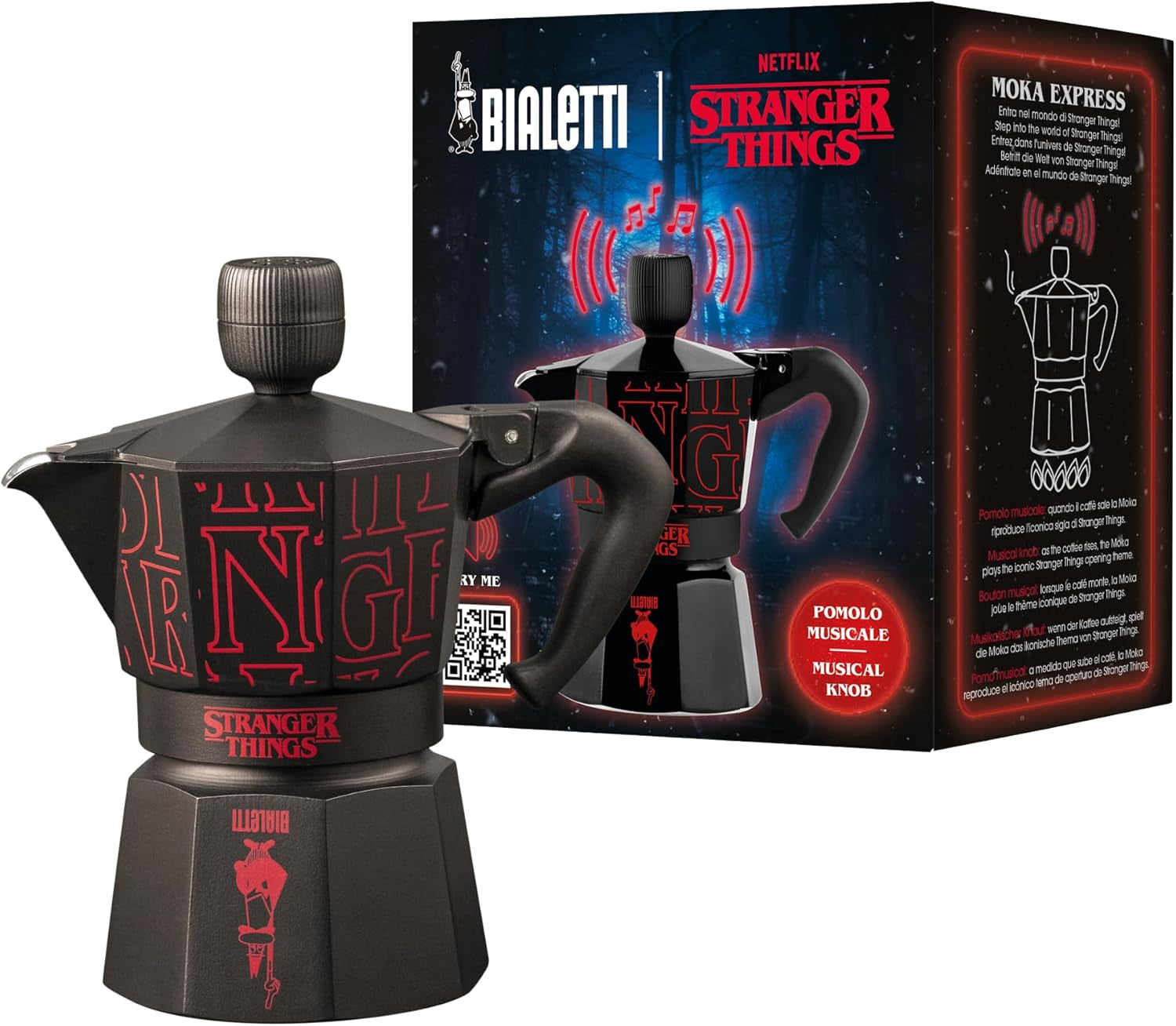 Bialetti Moka Express Stranger Things 3-Tassen-Kaffeemaschine, Musiktaste mit USB-C-Ladefunktion, Nicht für Induktionsherde geeignet, 3 Tassen (130 ml), Schwarz