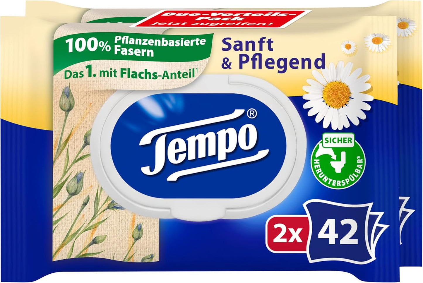 Tempo Toilettentücher „Gentle & Caring“ – Megapack – 16 Packungen à 42 Tücher – Duo Packs – mit natürlicher Kamille – Toilettenpapier, dermatologisch getestet und neutral zum pH-Wert der Haut