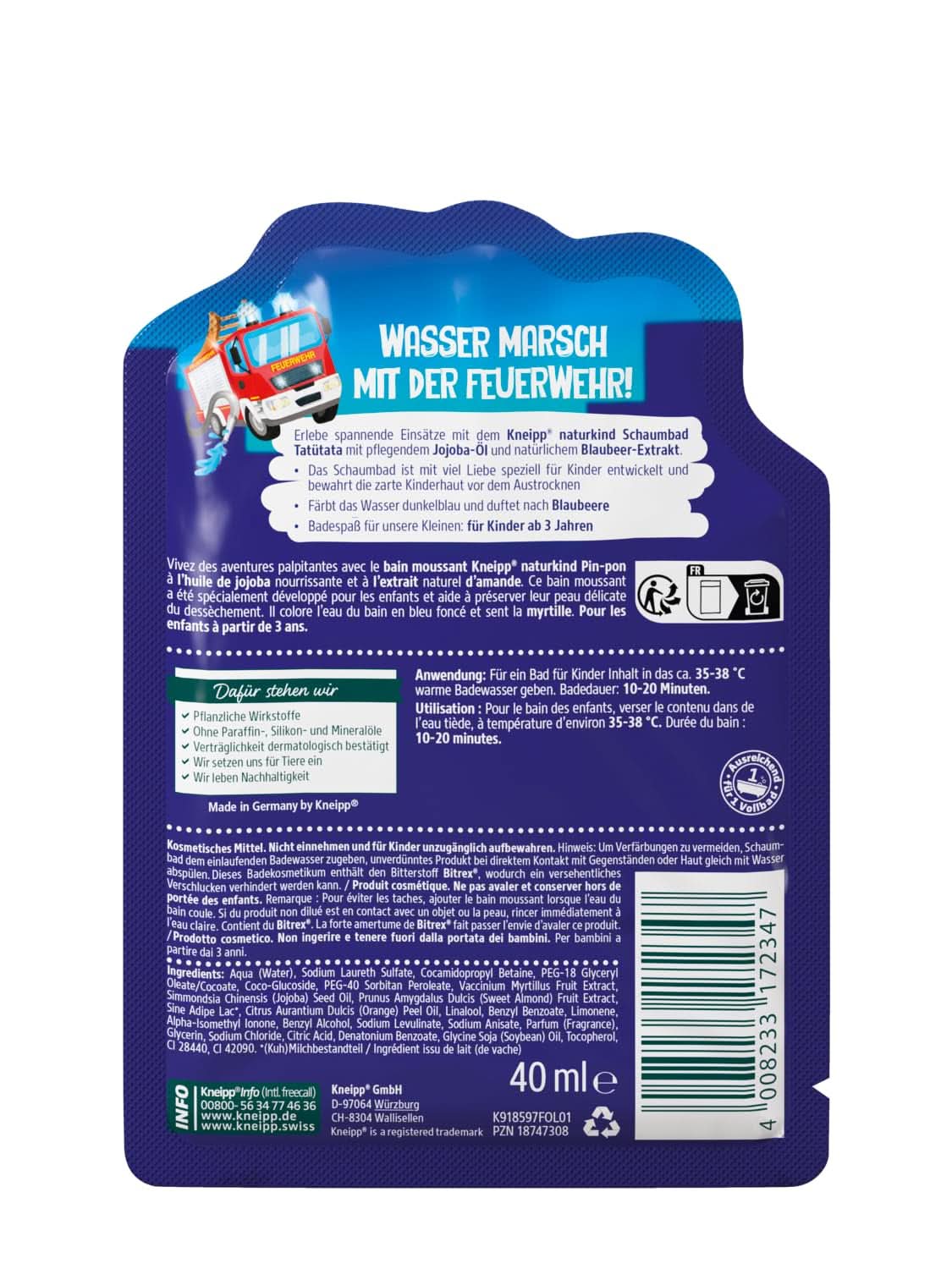 Kneipp Naturkind, Badezusatz mit pflegendem Jojobaöl und natürlichem Heidelbeerextrakt, fruchtiger Heidelbeergeschmack, blaues Wasser, 40 ml Dusche und Bad Naty Shop