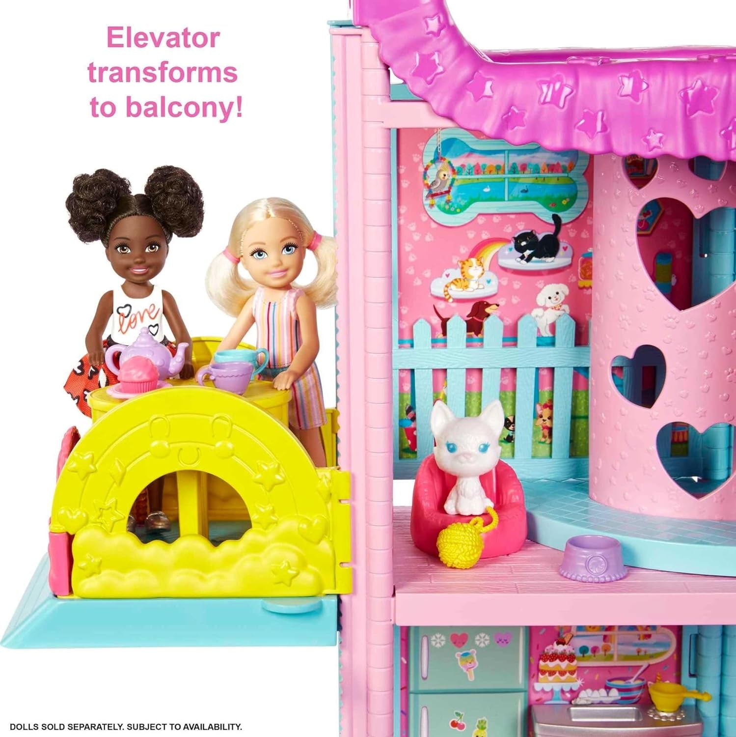 Barbie Chelsea Spielhaus – 3 verwandelnde Etagen, geheime Spielbereiche, Aufzug, Pool, Rutsche, 2 Haustiere und mehr als 20 Zubehörteile, für Kinder ab 3 Jahren, HHX44 Naty Shop Puppenhäuser