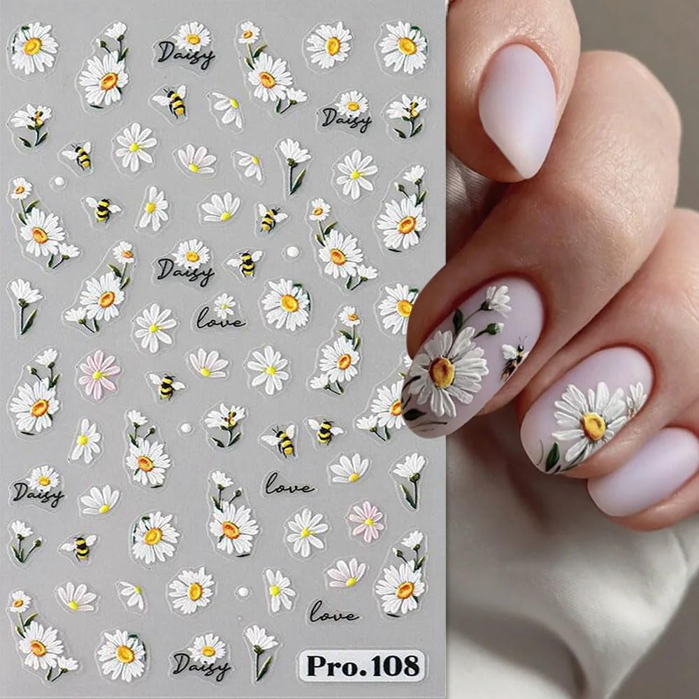 5Pcs Geprägte Gänseblümchen Nagelsticker Selbstklebend Blumen Nagelaufkleber Gänseblümchen Schmetterling Nagel Sticker Nageldesign Aufkleber Nägel Zubehör Blume Nail Sticker Flower Nail Art Sticker
