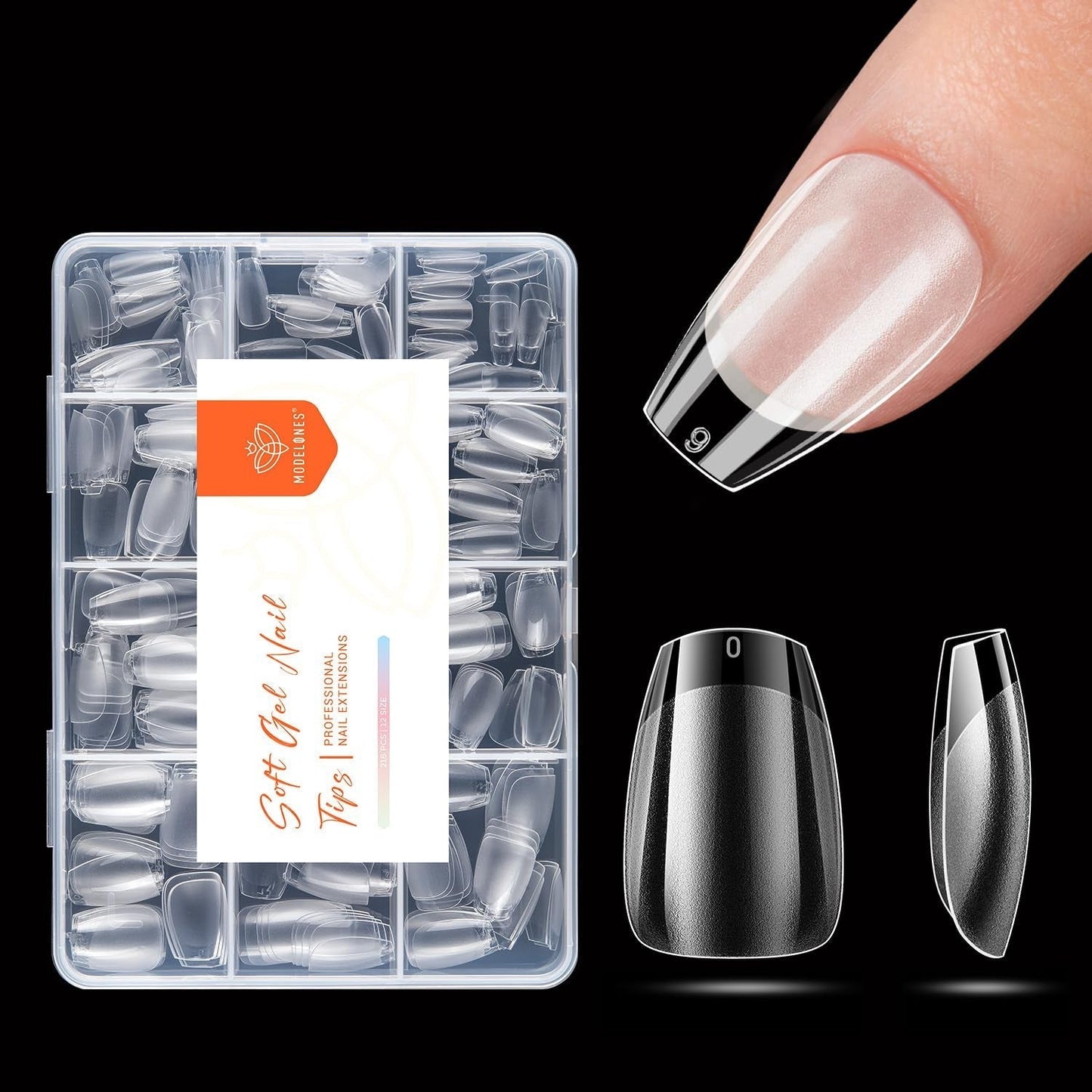 Modelones Nagelspitzen 216-teilig – Nagelspitzen-Set mit vollständiger Abdeckung, weiches Gel-Spitzen-Set, vorpolierende PMMA-Harz-Nagelspitzen, DIY-Kleber auf künstlichen Nägeln für Nagelkunst, kurze Mandeln XS
