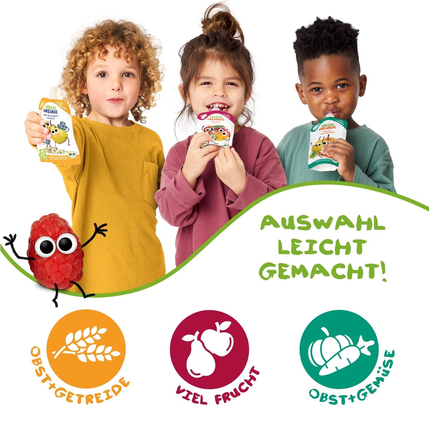 FRECHE FREUNDE Bio Quetschie Apfel, Erdbeere, Himbeere mit Grieß, Fruchtmus mit Getreide im Quetschbeutel für Babys ab dem 6. Monat, vegan, 6er Pack (6 x 100g)