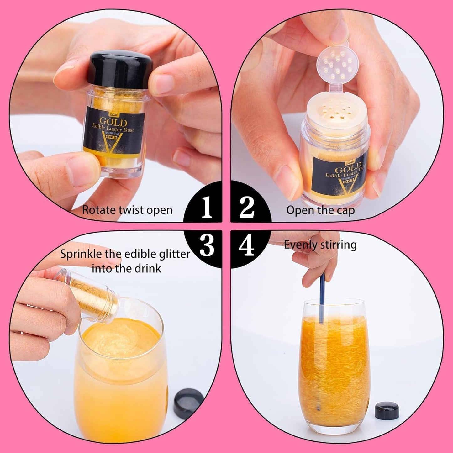 Essbarer Glitzer-Glitter – 4 Farben essbares Glitzerpulver, Glitzerpulver für Getränke, Lebensmittel, Kuchen – essbares metallisches Lebensmittelfarbpulver zum Backen, Cocktails – 5 g/Flasche