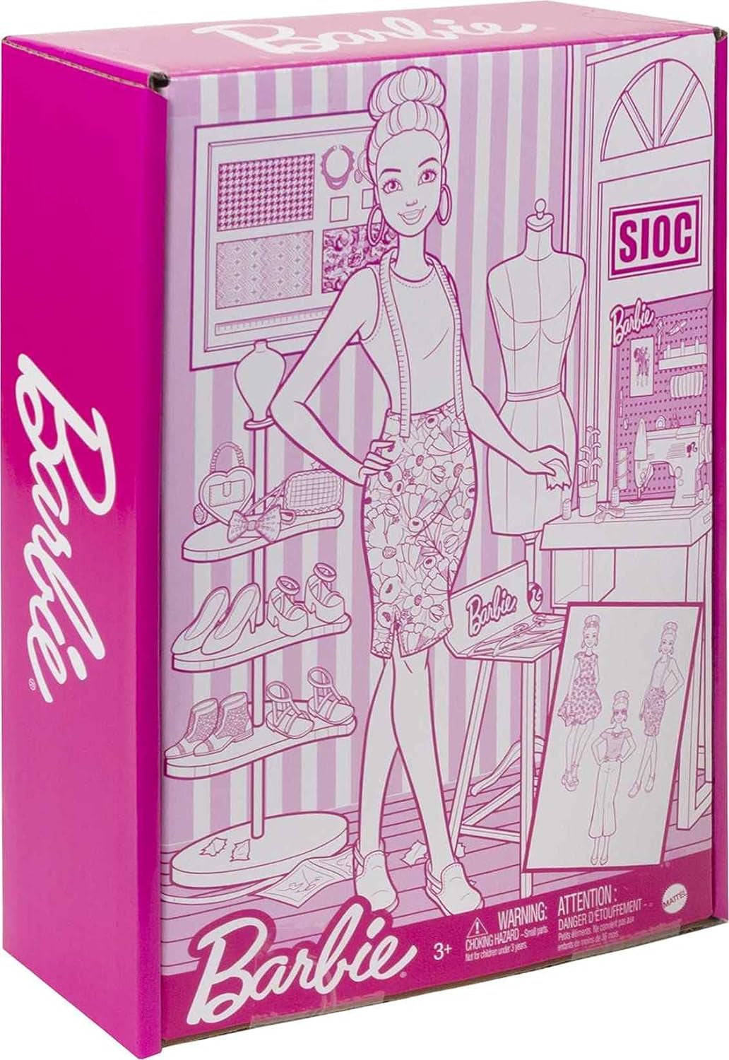 Barbie HDY90 – Modedesigner-Puppe (30,40 cm) und Atelier, über 25 Design- und Modeaccessoires, Design-Schreibtisch, Stuhl, Nähmaschine, Textilmuster, Schaufensterpuppe und mehr, Spielzeug für Kinder ab 3 Jahren