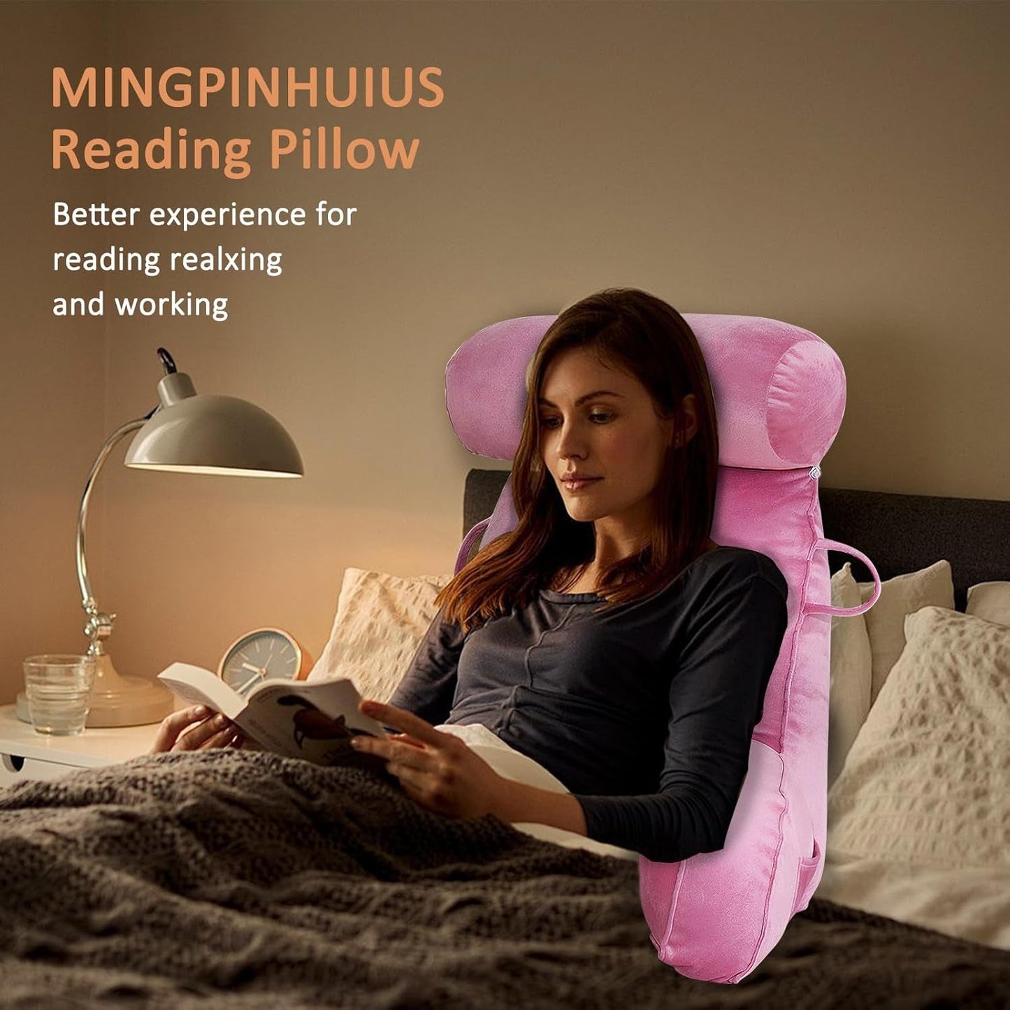 XL-Lesekissen für Bett und Sofa mit abnehmbarer Nackenrolle, ideales Rückenkissen für Erwachsene mit Memory-Schaum für bequemes Lesen, Arbeiten, Spielen, Fernsehen, Entspannen (Pink)