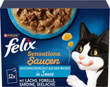Felix Sensations Sauces Nassfutter für Katzen, verschiedene Fischmischung, 6er-Pack (6 x 12 Beutel à 85 g)
