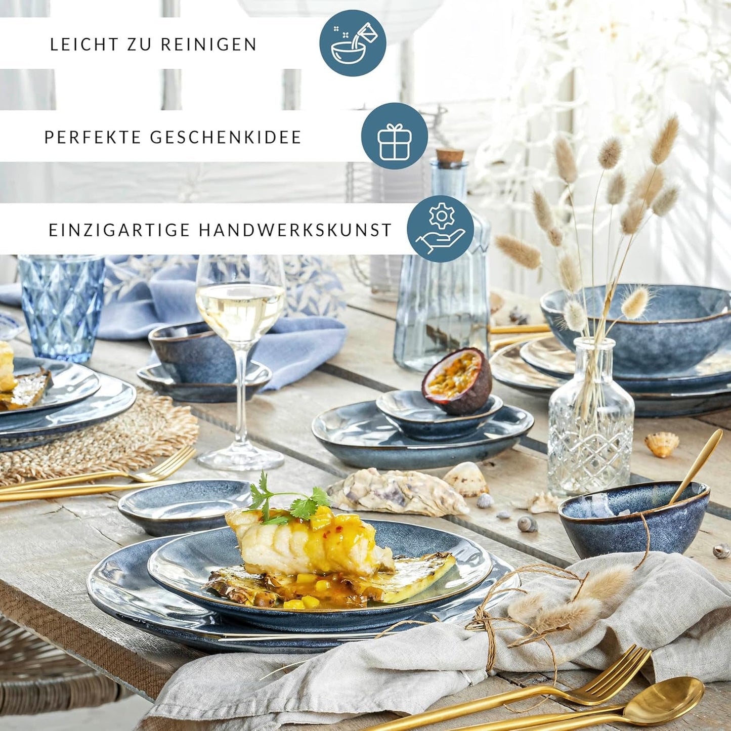 SANGER | Darwin 12-teiliges Geschirrset, Steinzeug-Geschirrset für 4 Personen, blaues Geschirrset mit Speisetellern, Desserttellern und Suppentellern, handgefertigtes Geschirrset | DIE PREMIUM-KOLLEKTION