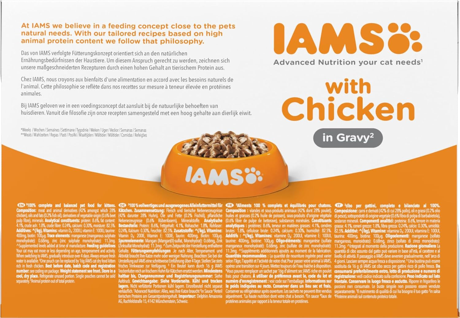IAMS Delights Kitten Nassfutter - Multipack Katzenfutter mit Hunn in Sauce, hochwertiges Futter für Junior Kätzchen von 1-12 Monaten, 12 x 85 g