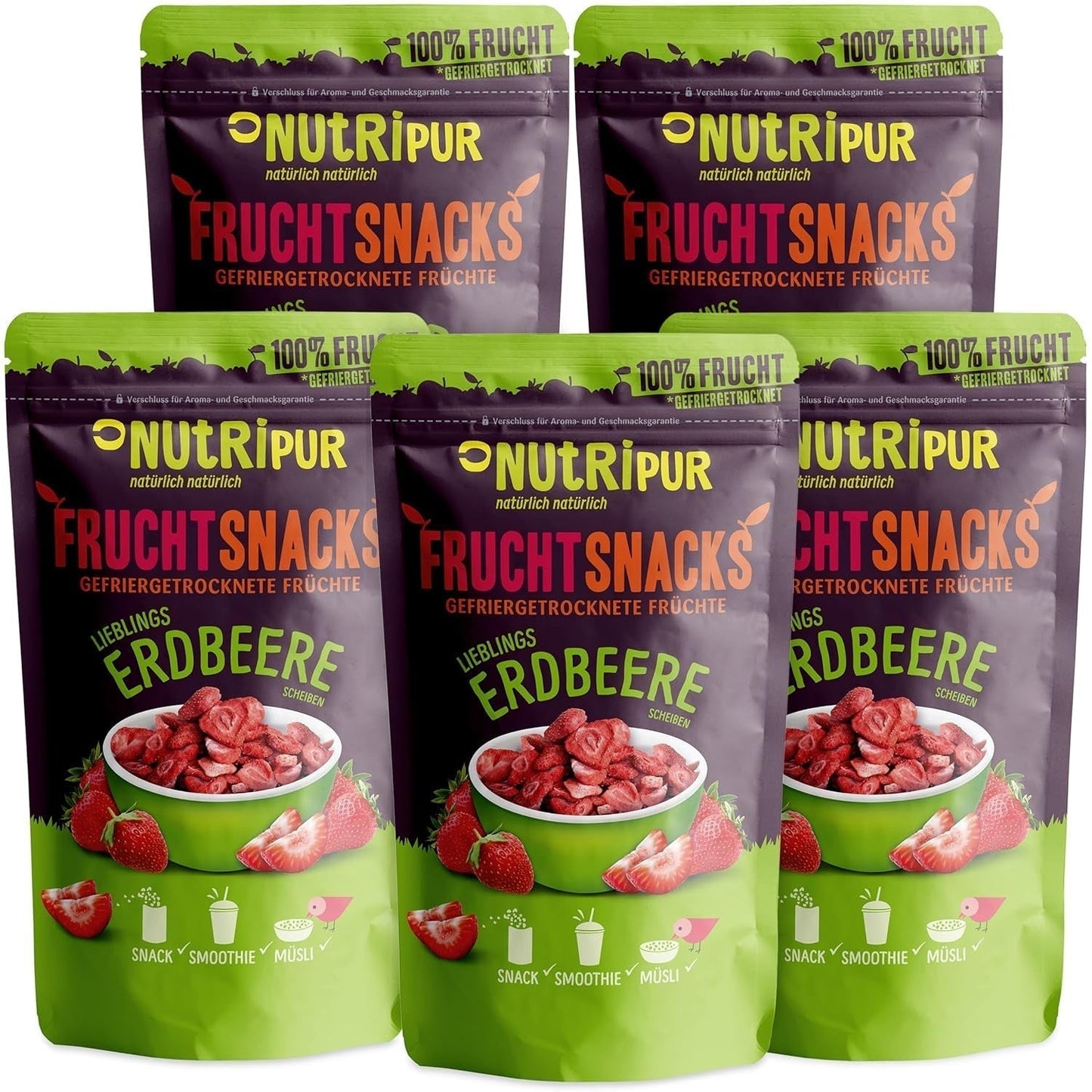 Gefriergetrocknete Erdbeeren 300 g: Ungesüßte getrocknete Erdbeerscheiben – Gefriergetrocknete Erdbeeren mit reiner Frucht, voller Geschmack: Gefriergetrocknete Beeren – NUTRIPUR Dried Fruits Naty Shop Dehydrierte Produkte 70 g (5er-Pack) Erdbeeren