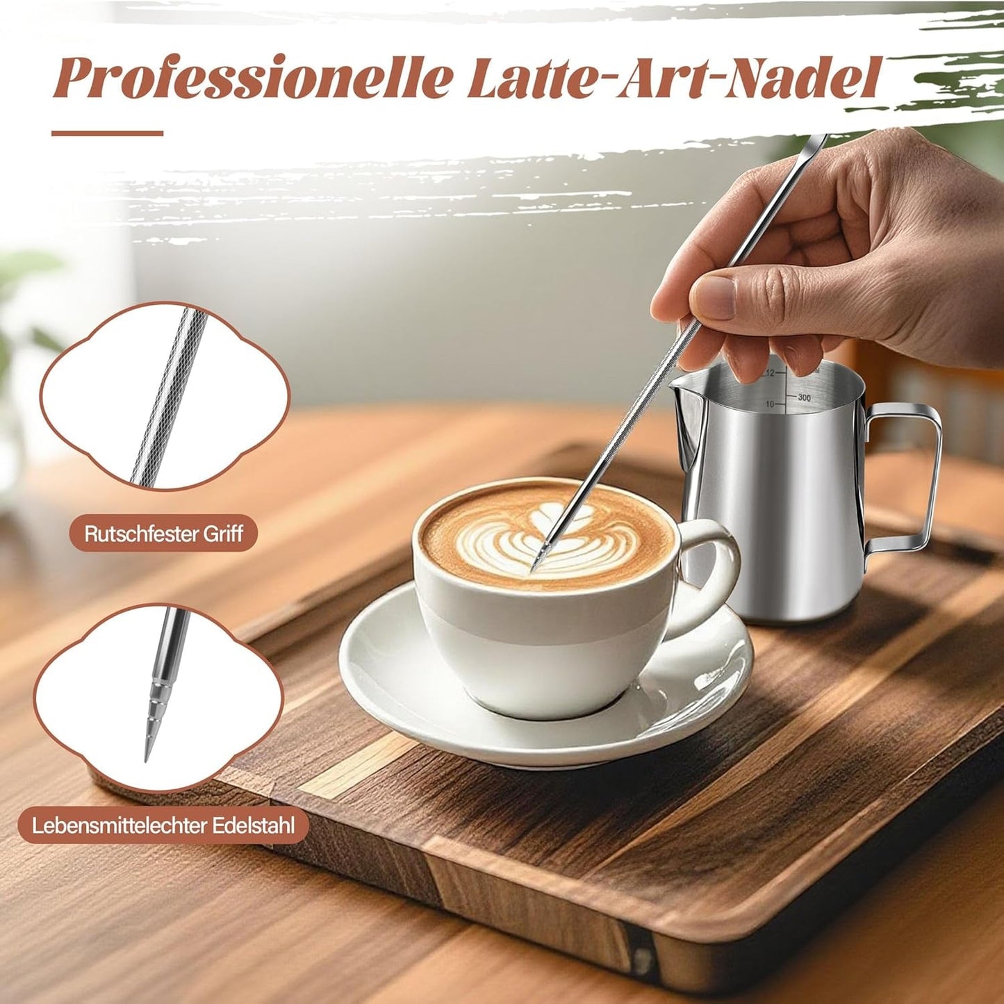 Milchbecher, 350 ml, Milchbecher aus Edelstahl mit Messmarkierung, Barista-Zubehör, Milchbecher für Cappuccino, Espresso, Latte Art, Kaffeeliebhaber, Silber, 355 ml